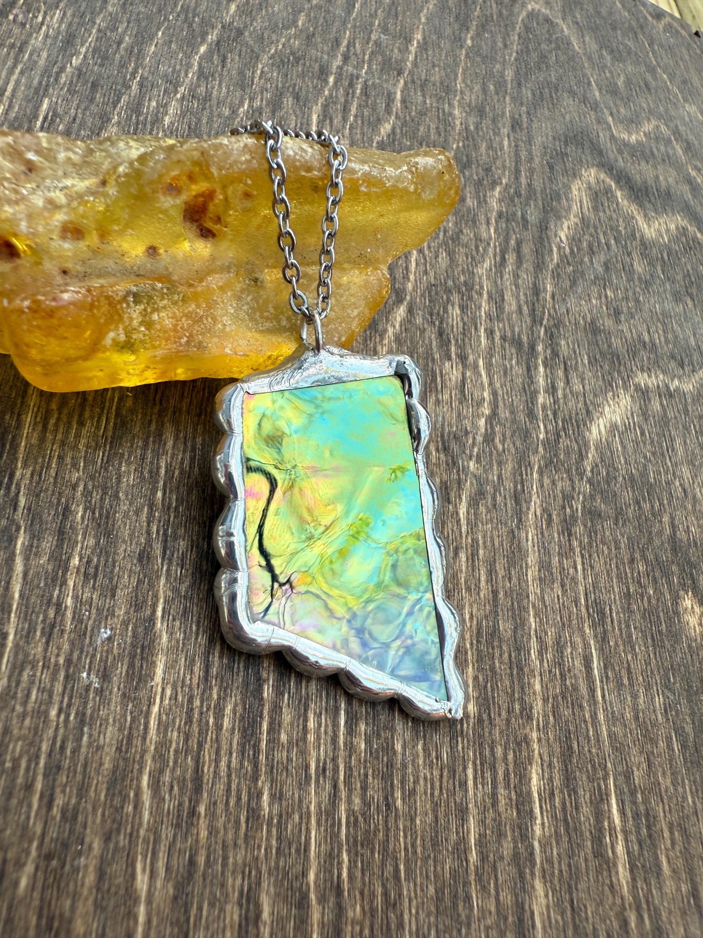 Green Iridescent Stained Glass Pendant | Brutalist Handmade Wearable Art + Whimsigoth Fashion