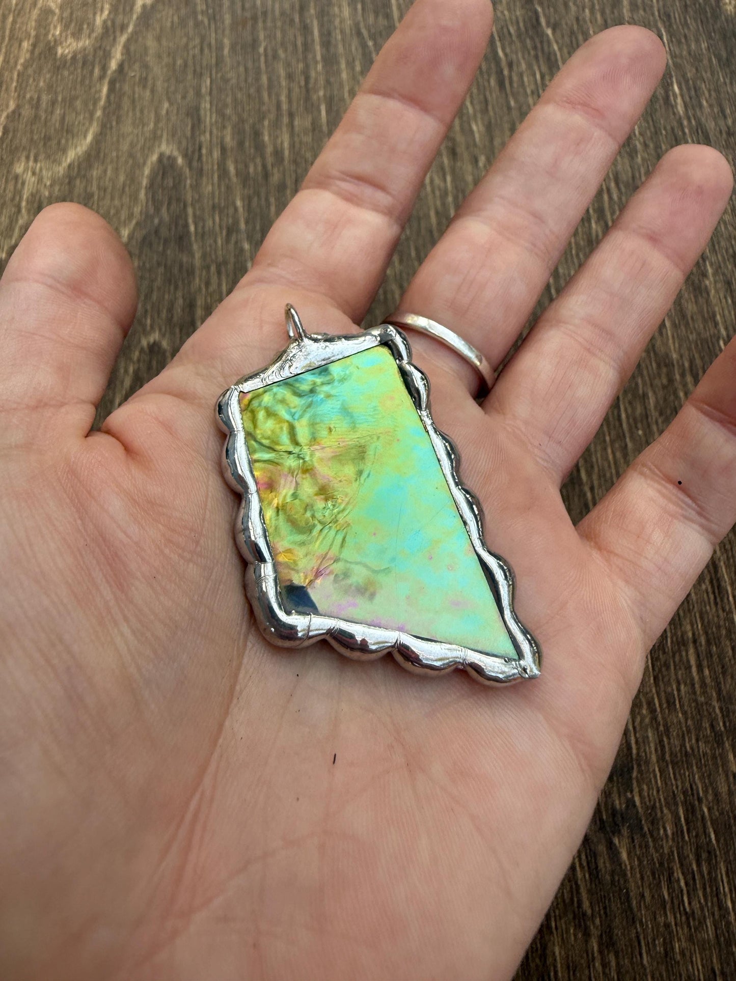 Green Iridescent Stained Glass Pendant | Brutalist Handmade Wearable Art + Whimsigoth Fashion