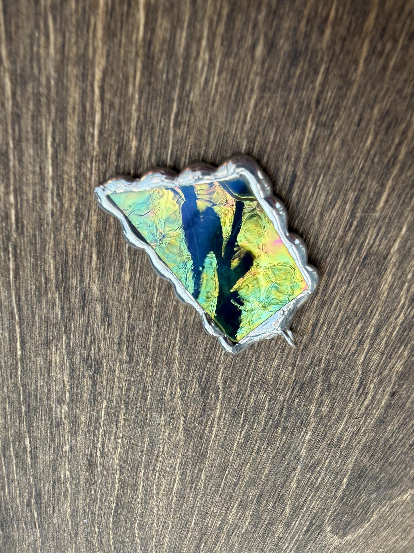 Green Iridescent Stained Glass Pendant | Brutalist Handmade Wearable Art + Whimsigoth Fashion