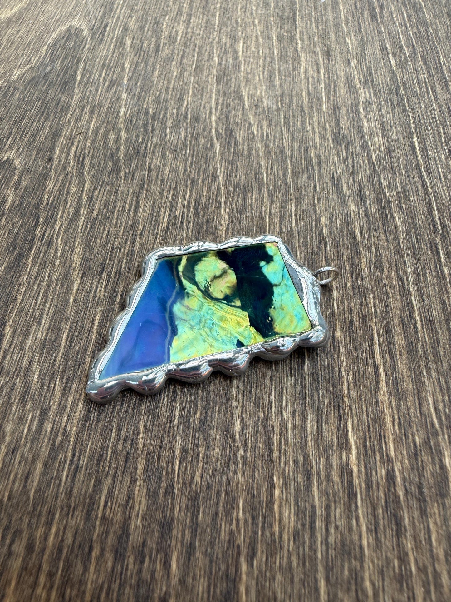 Green Iridescent Stained Glass Pendant | Brutalist Handmade Wearable Art + Whimsigoth Fashion