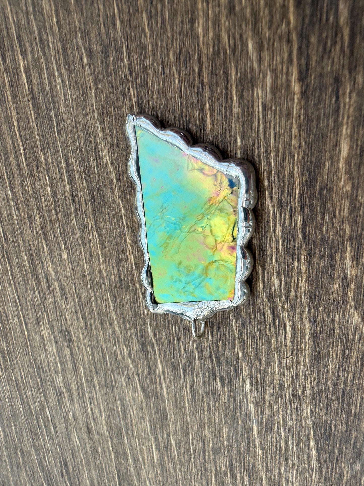 Green Iridescent Stained Glass Pendant | Brutalist Handmade Wearable Art + Whimsigoth Fashion