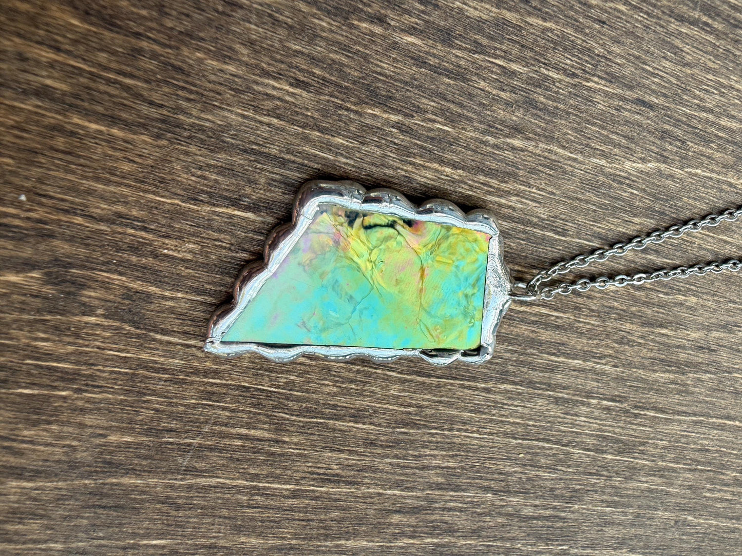 Green Iridescent Stained Glass Pendant | Brutalist Handmade Wearable Art + Whimsigoth Fashion
