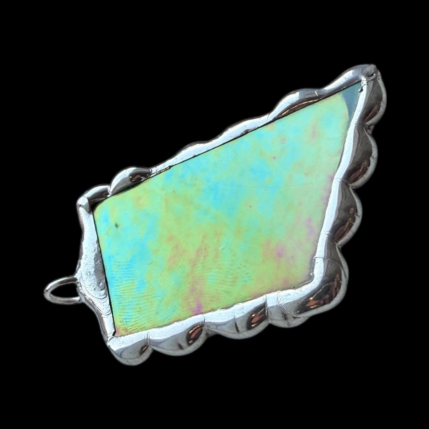 Green Iridescent Stained Glass Pendant | Brutalist Handmade Wearable Art + Whimsigoth Fashion