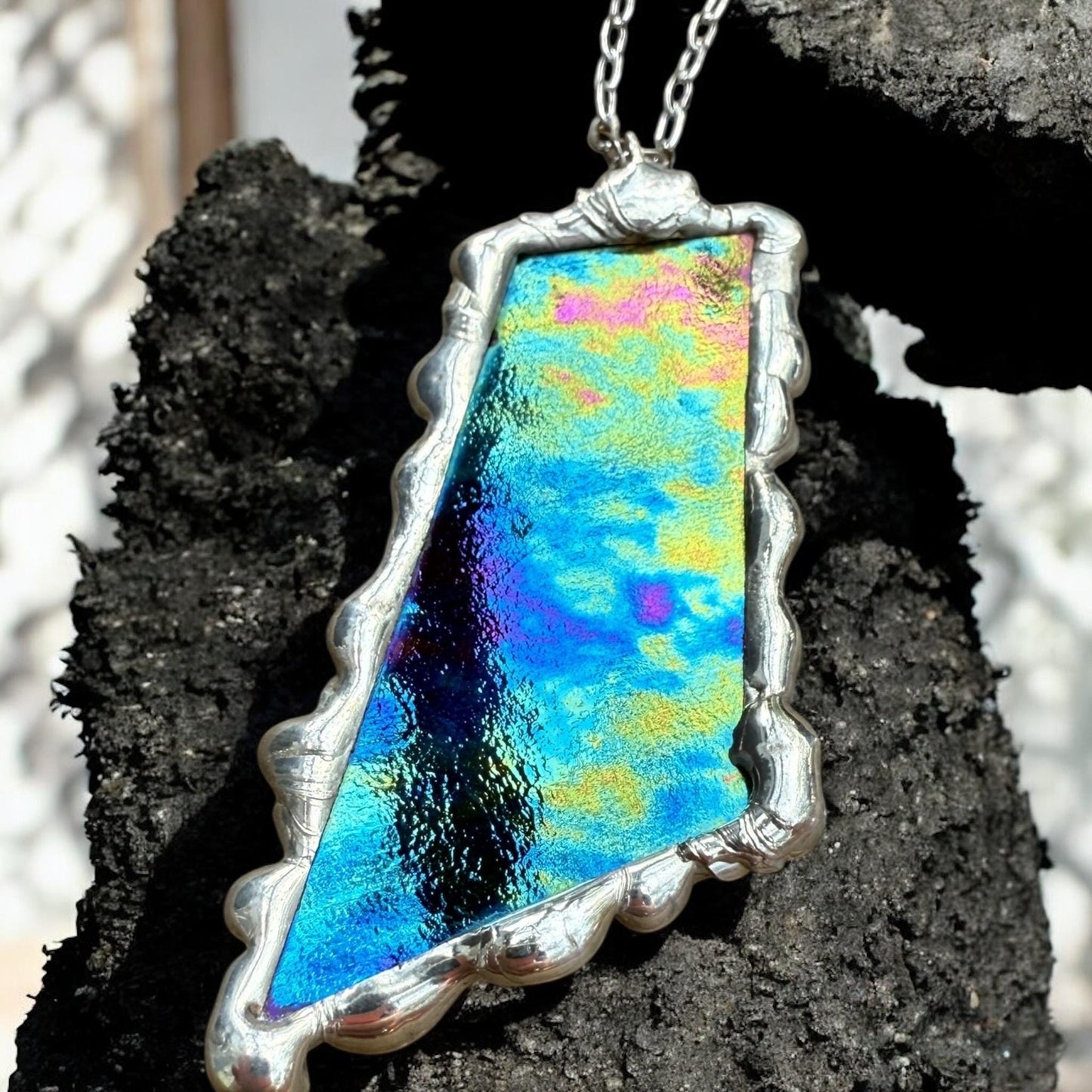Celestial Iridescent Stained Glass Pendant | Brutalist Handmade Wearable Art + Whimsigoth Fashion