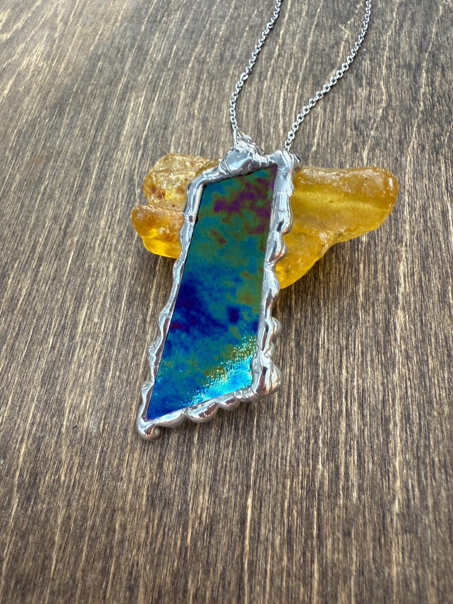 Celestial Iridescent Stained Glass Pendant | Brutalist Handmade Wearable Art + Whimsigoth Fashion