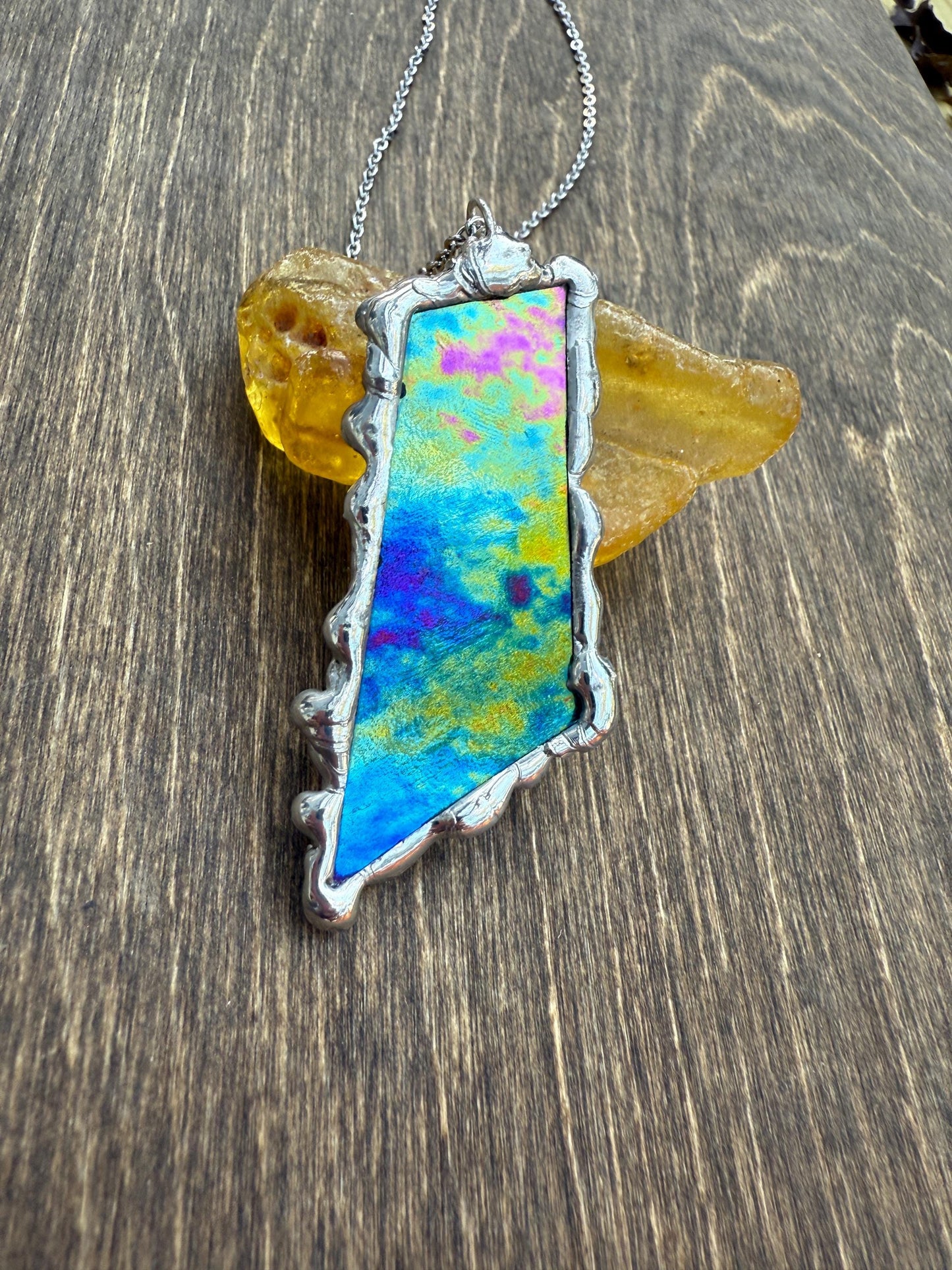 Celestial Iridescent Stained Glass Pendant | Brutalist Handmade Wearable Art + Whimsigoth Fashion