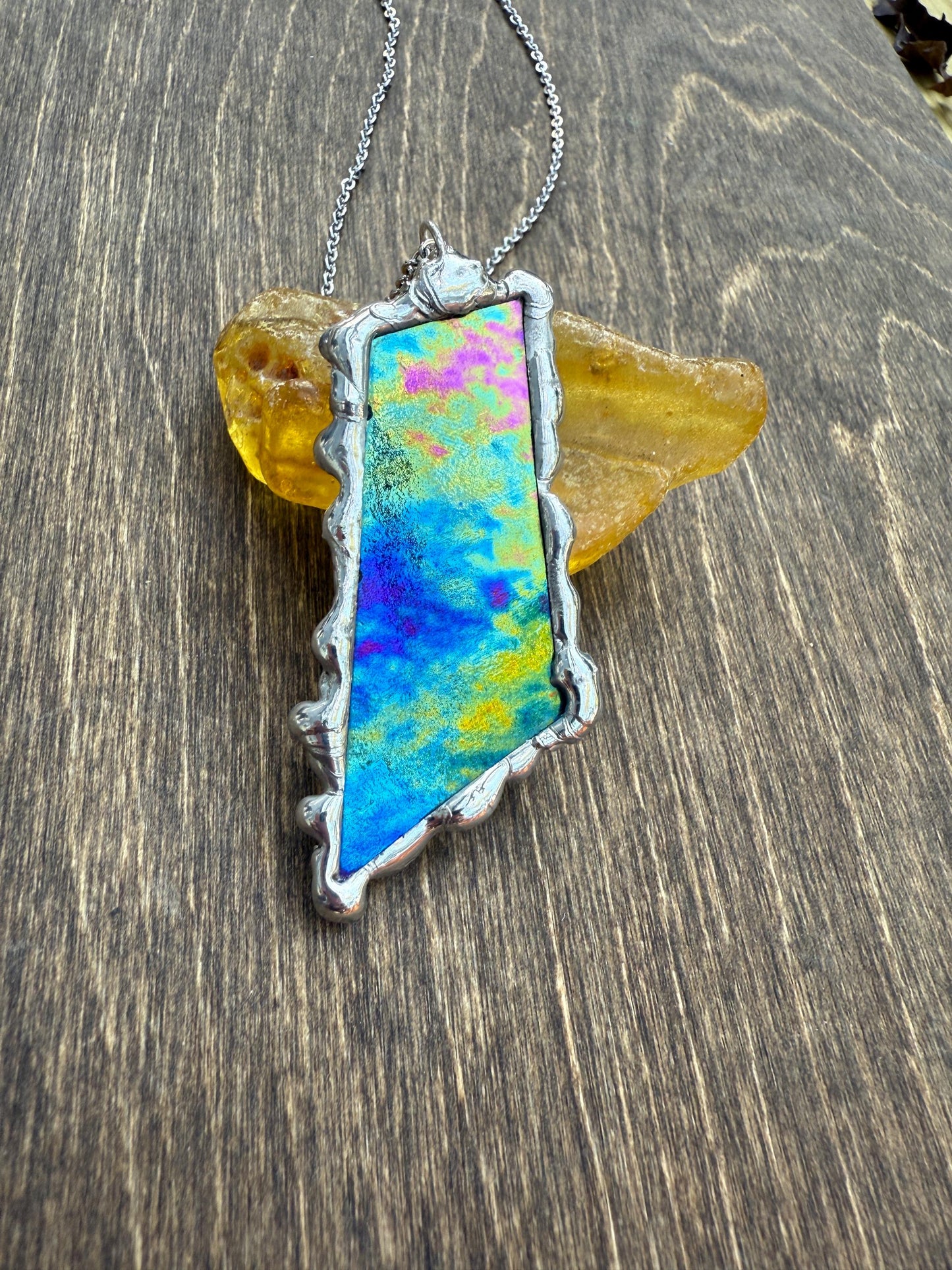 Celestial Iridescent Stained Glass Pendant | Brutalist Handmade Wearable Art + Whimsigoth Fashion