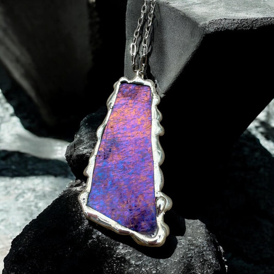 Purple Iridescent Stained Glass Pendant | Brutalist Handmade Wearable Art + Whimsigoth Fashion