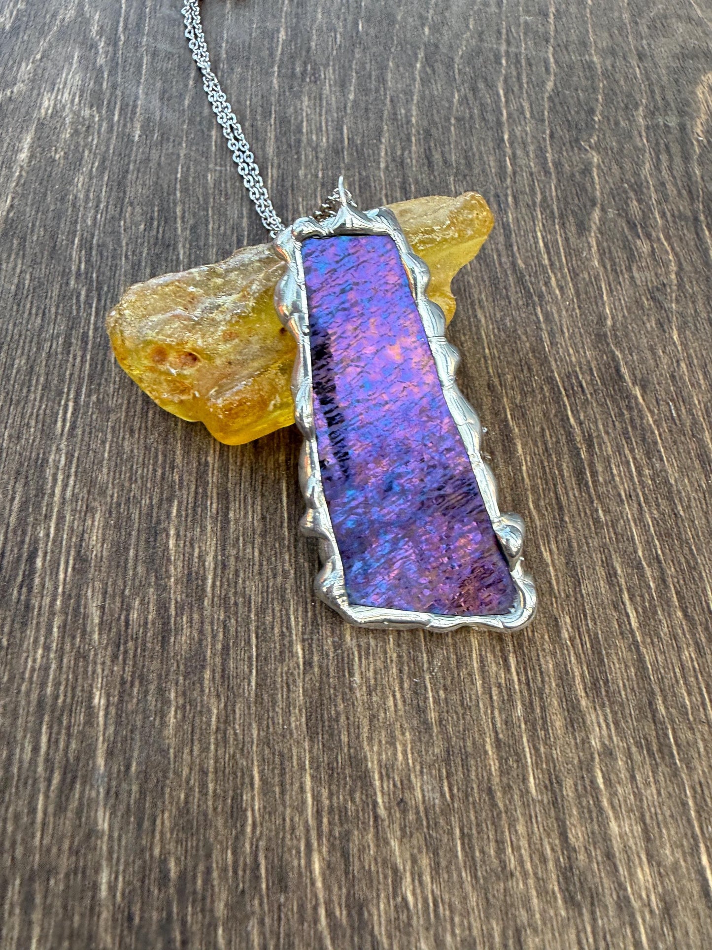 Purple Iridescent Stained Glass Pendant | Brutalist Handmade Wearable Art + Whimsigoth Fashion