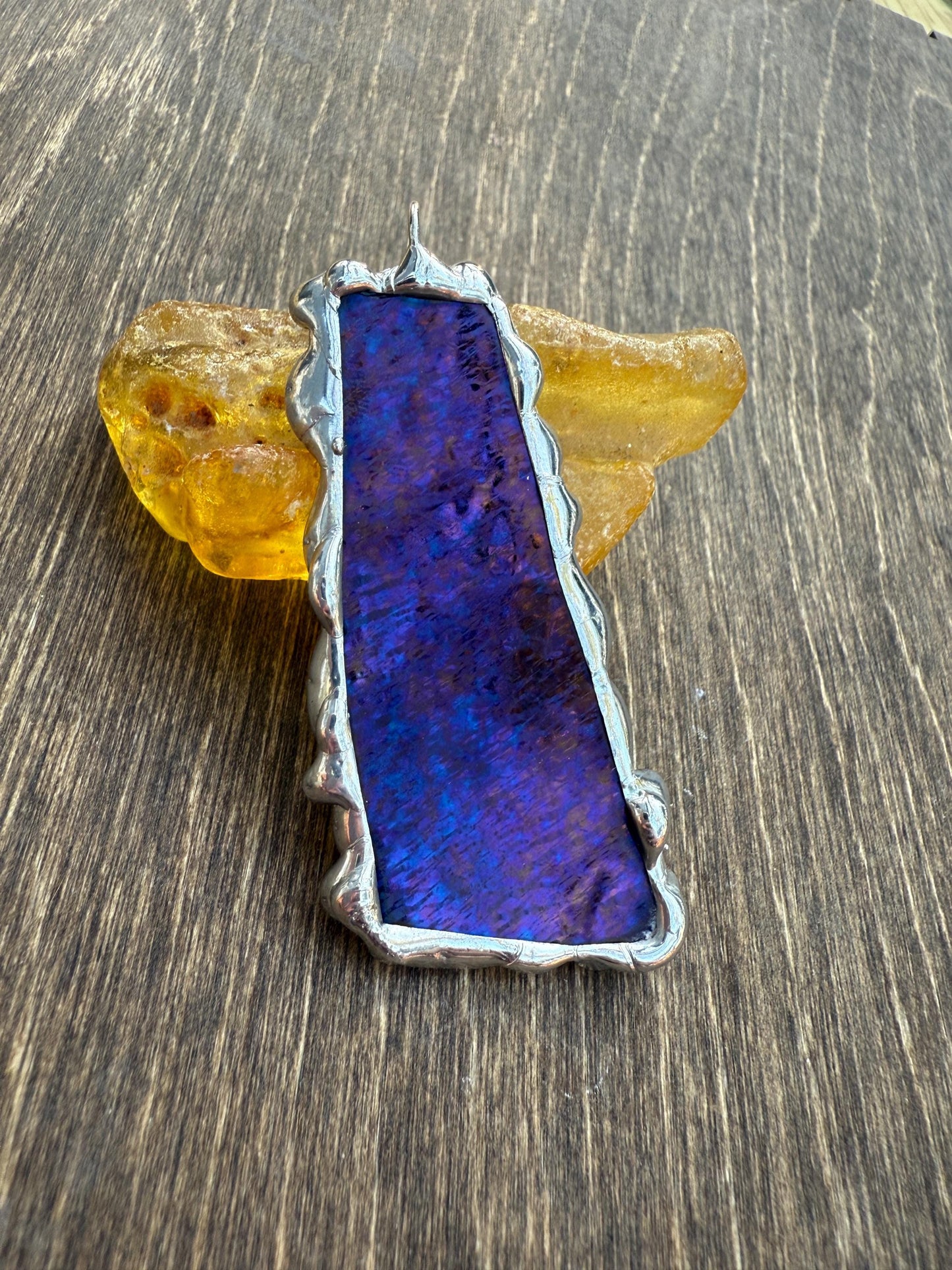 Purple Iridescent Stained Glass Pendant | Brutalist Handmade Wearable Art + Whimsigoth Fashion