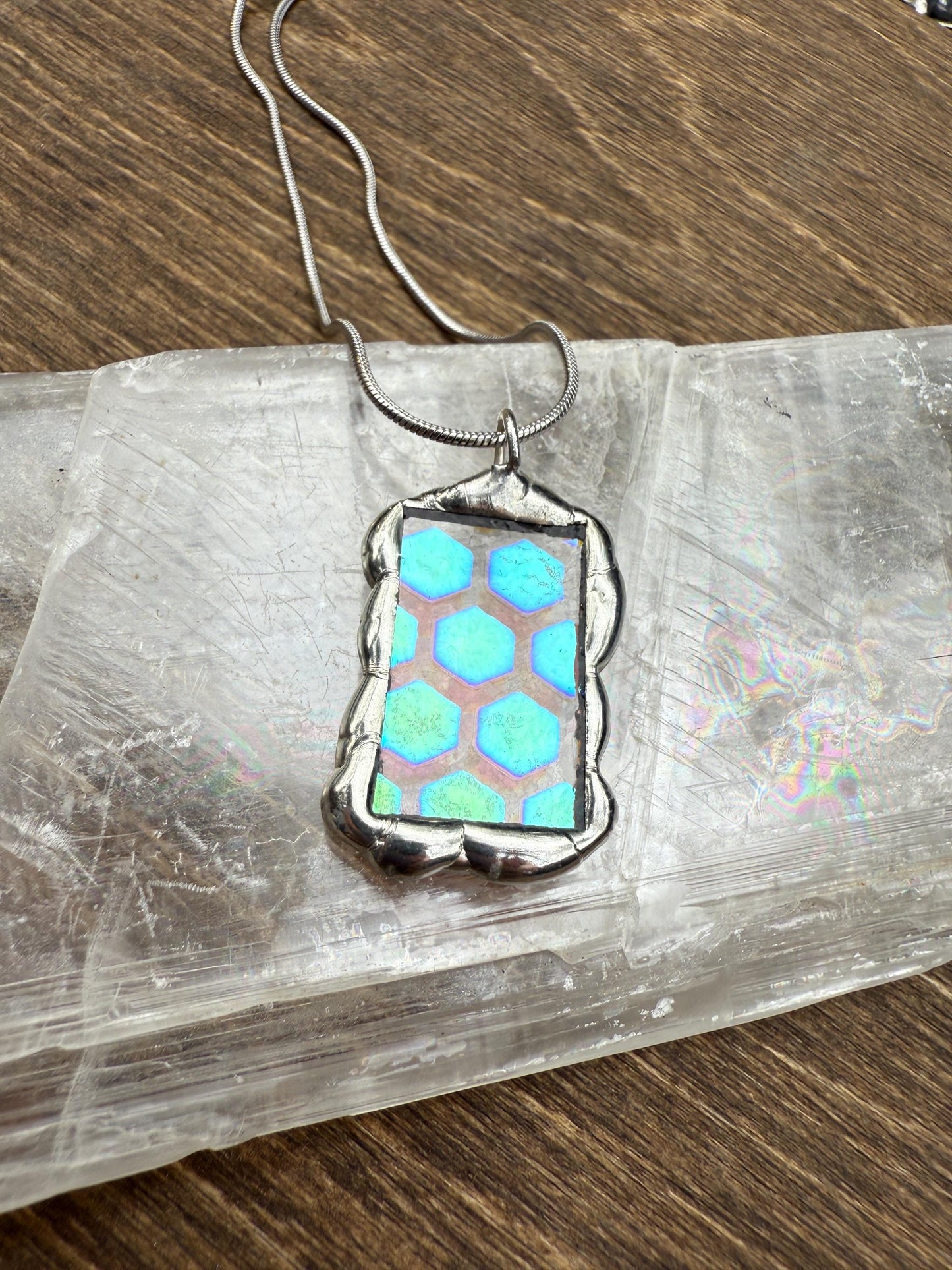 Geometric Iridescent Stained Glass Pendant | Brutalist Handmade Wearable Art + Whimsigoth Fashion