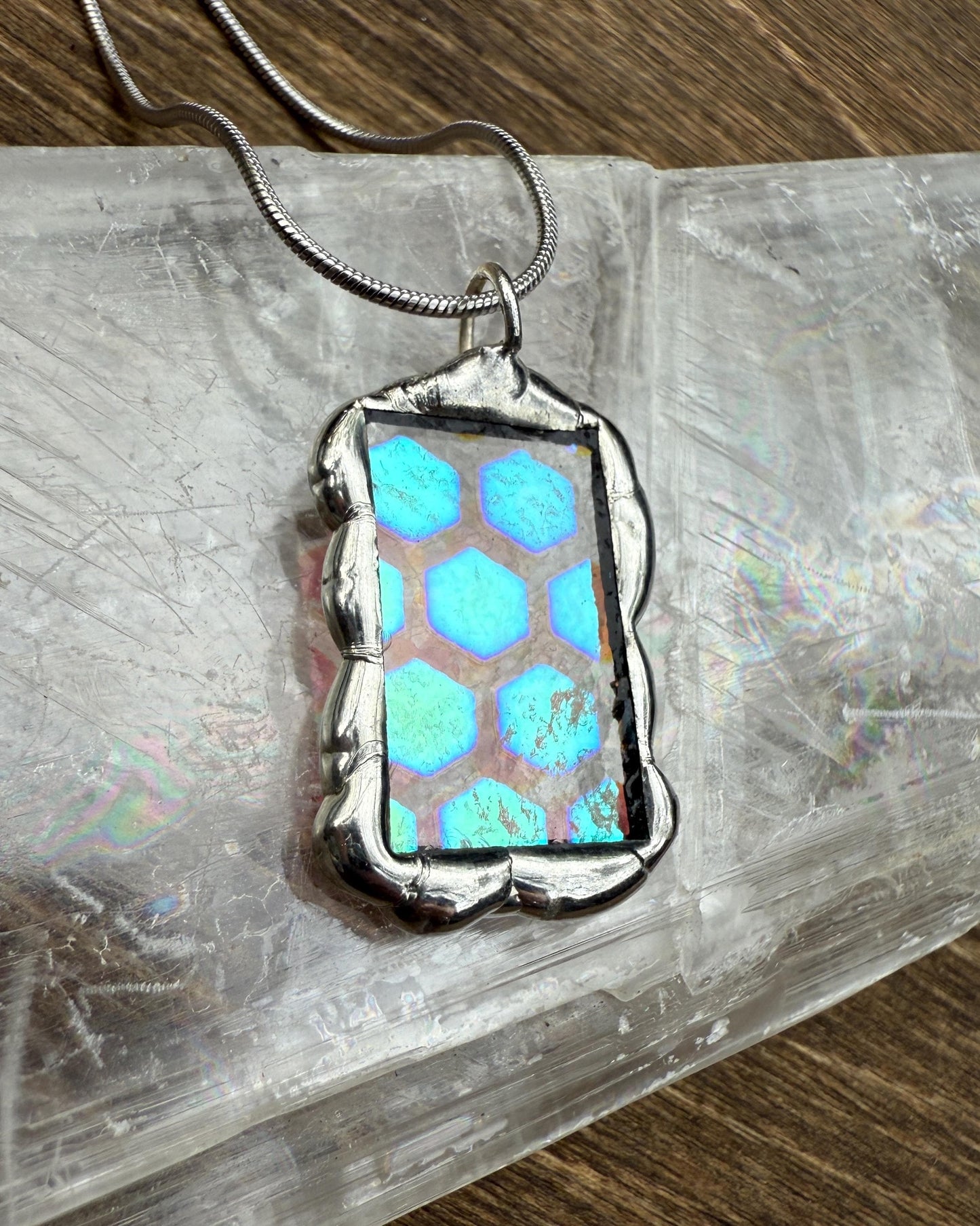 Geometric Iridescent Stained Glass Pendant | Brutalist Handmade Wearable Art + Whimsigoth Fashion