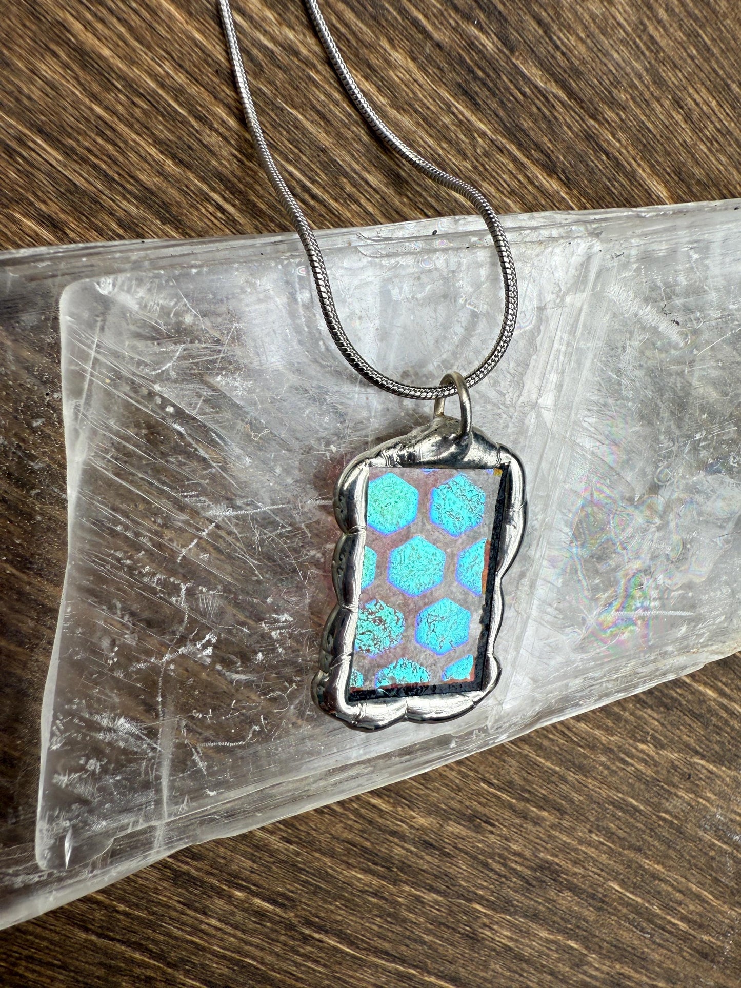Geometric Iridescent Stained Glass Pendant | Brutalist Handmade Wearable Art + Whimsigoth Fashion