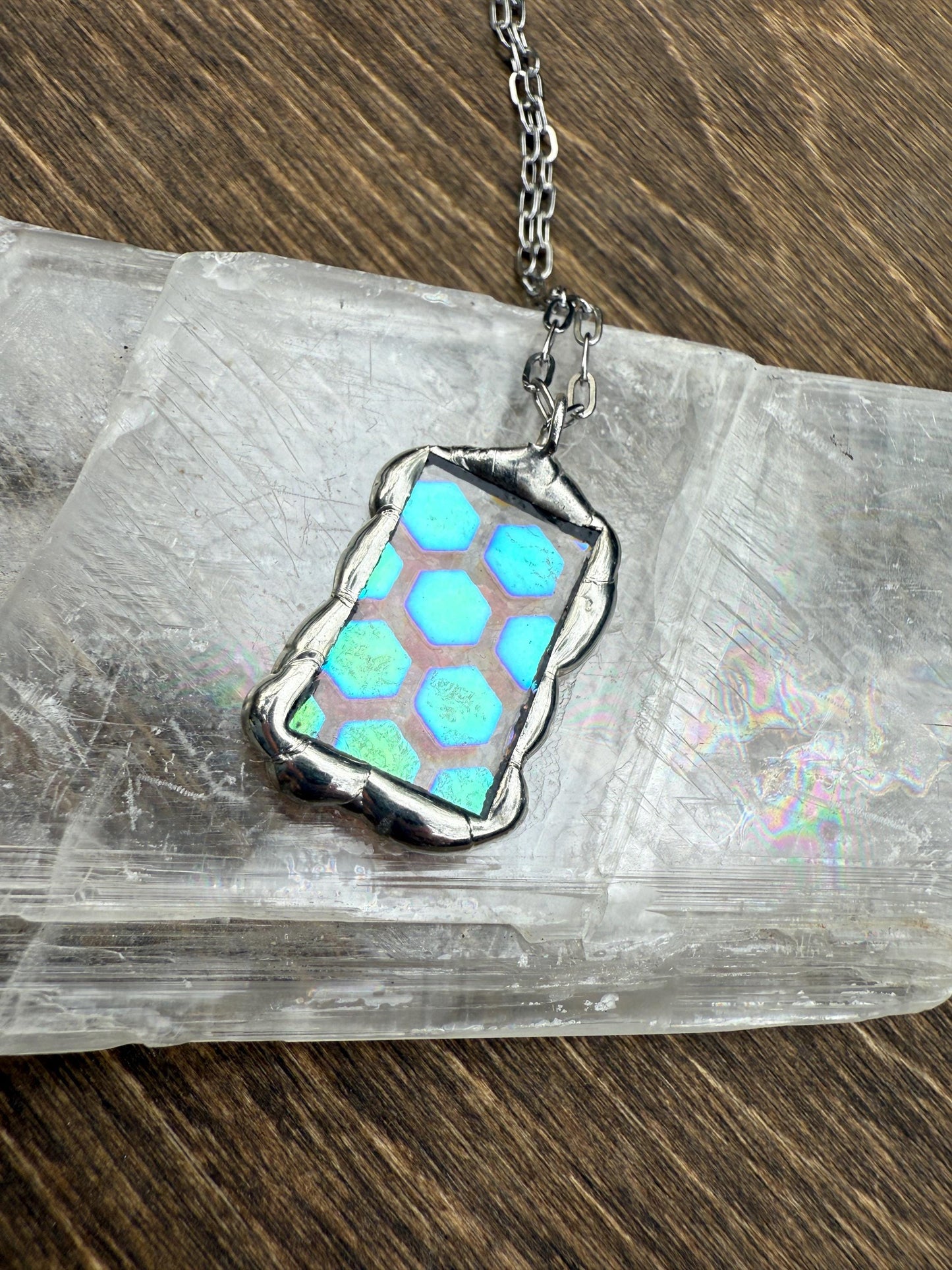 Geometric Iridescent Stained Glass Pendant | Brutalist Handmade Wearable Art + Whimsigoth Fashion