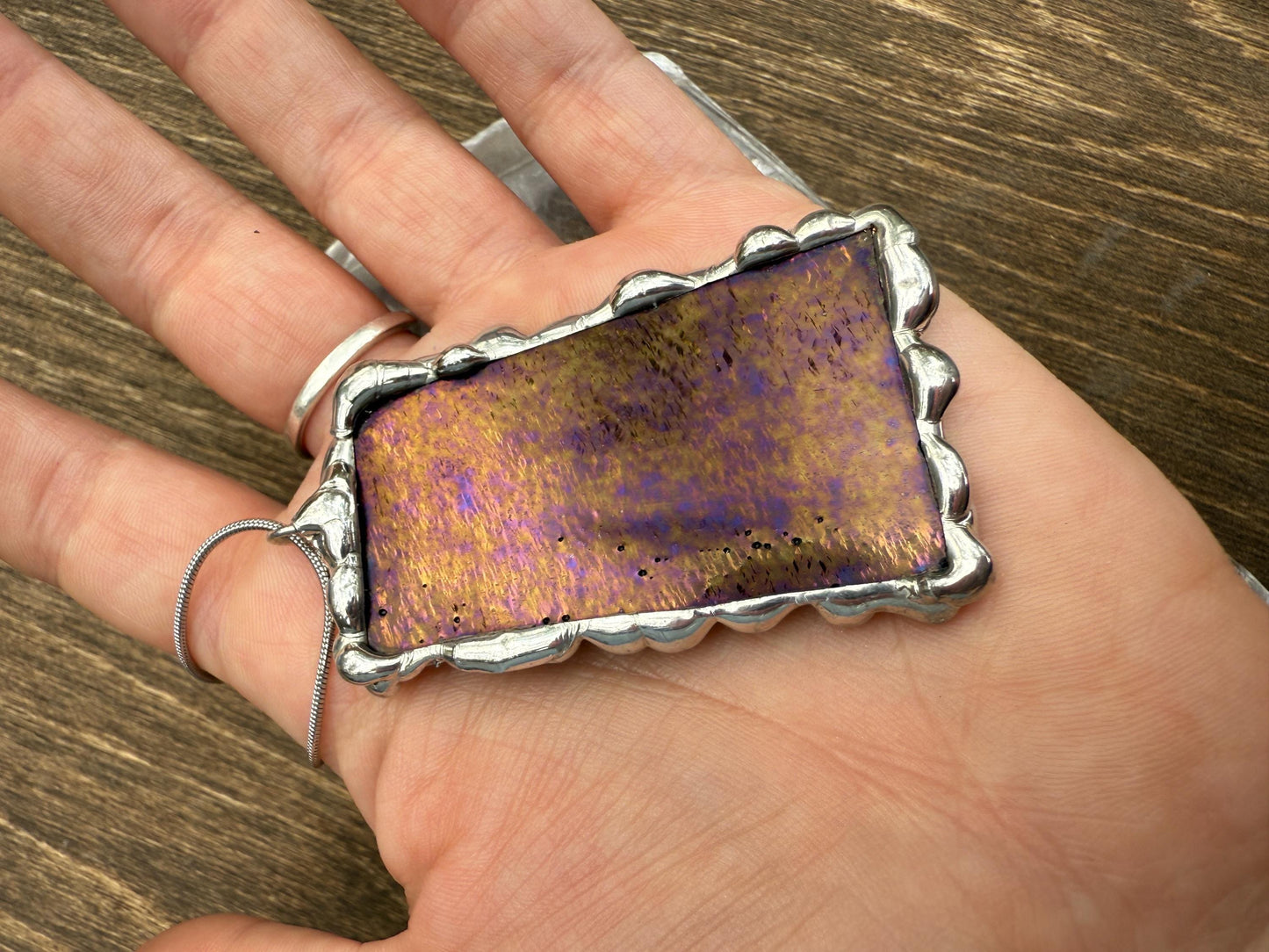 Gold + Purple Iridescent Stained Glass Pendant | Brutalist Handmade Wearable Art + Whimsigoth Fashion