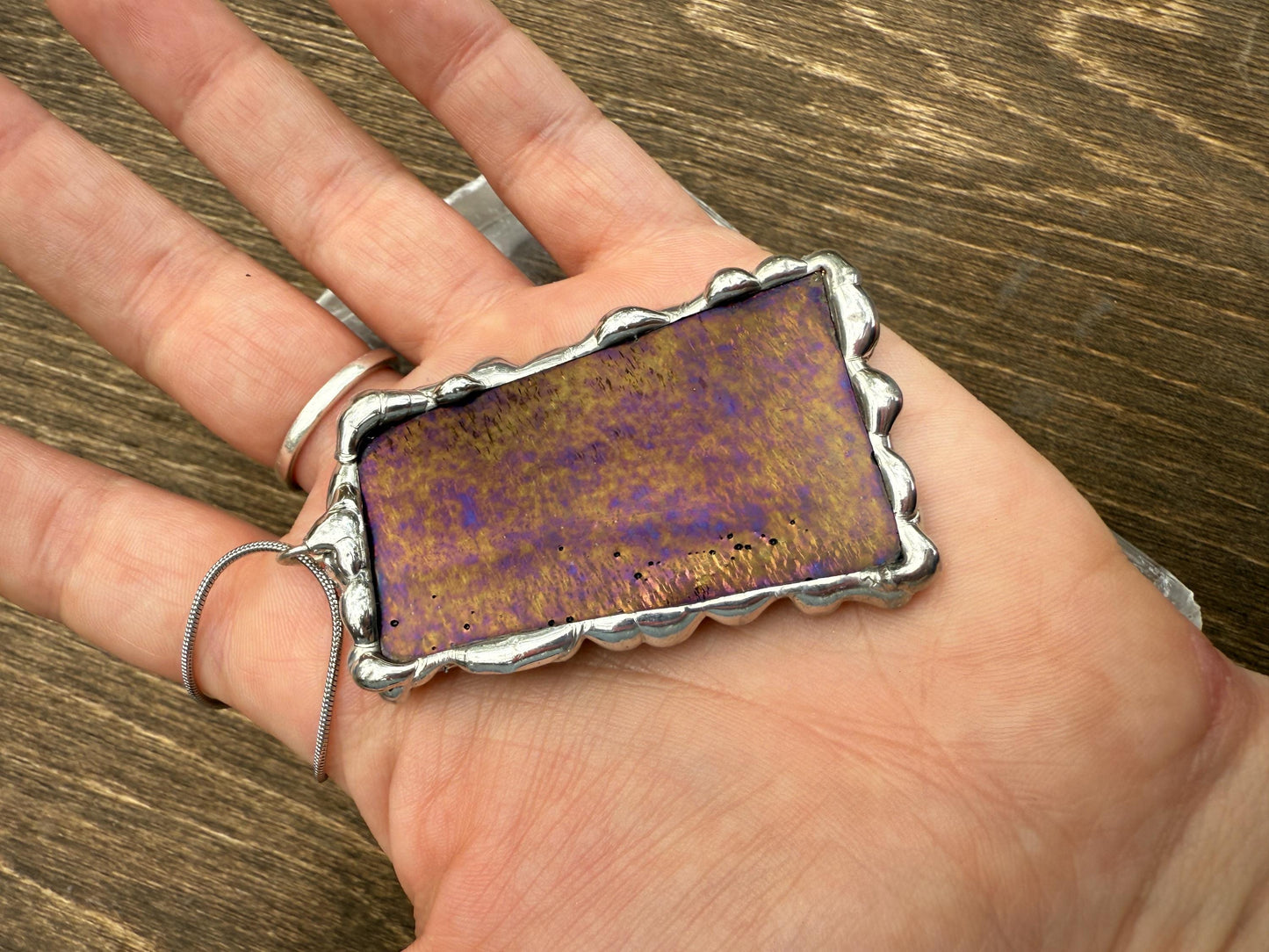 Gold + Purple Iridescent Stained Glass Pendant | Brutalist Handmade Wearable Art + Whimsigoth Fashion