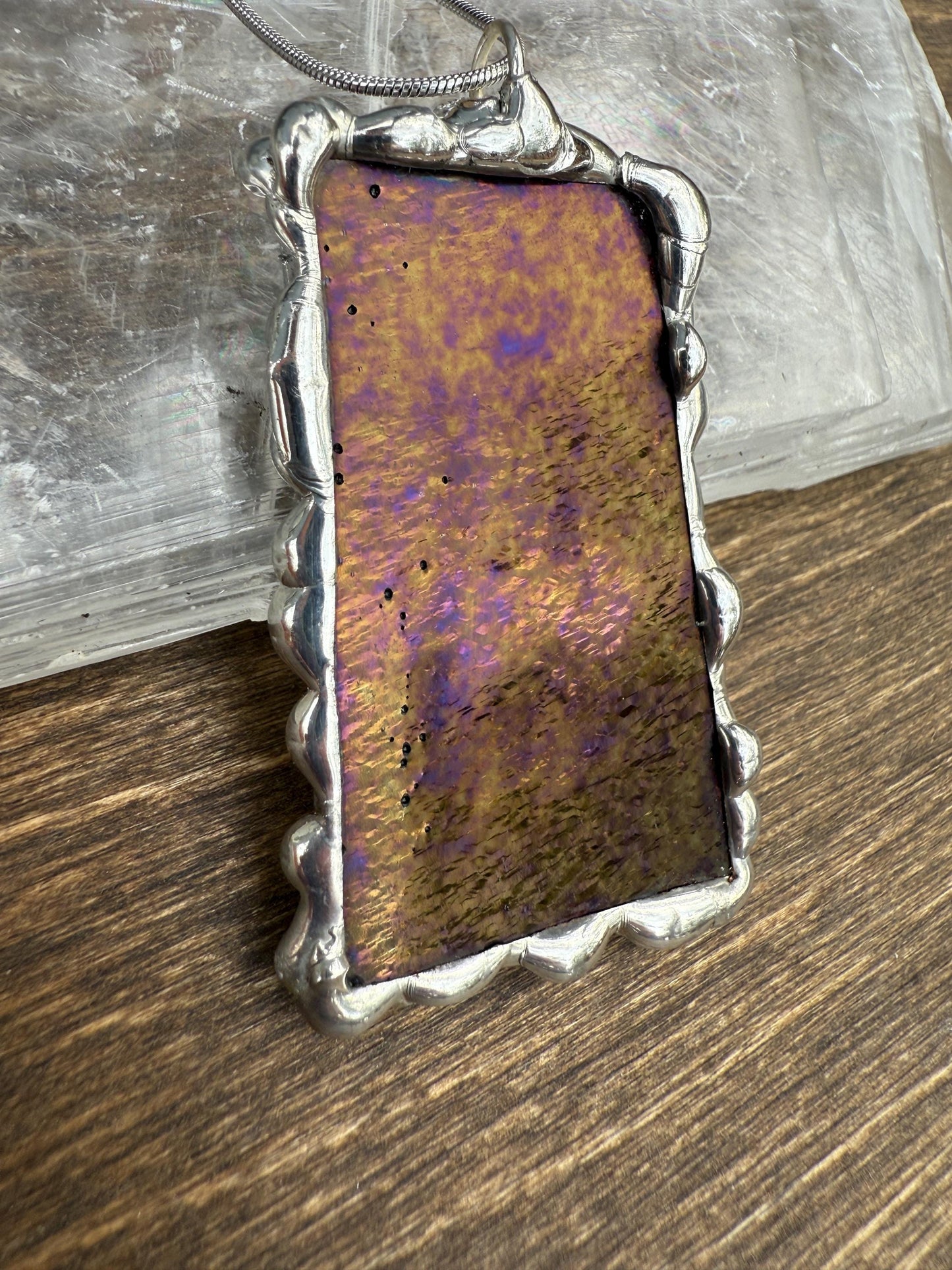 Gold + Purple Iridescent Stained Glass Pendant | Brutalist Handmade Wearable Art + Whimsigoth Fashion