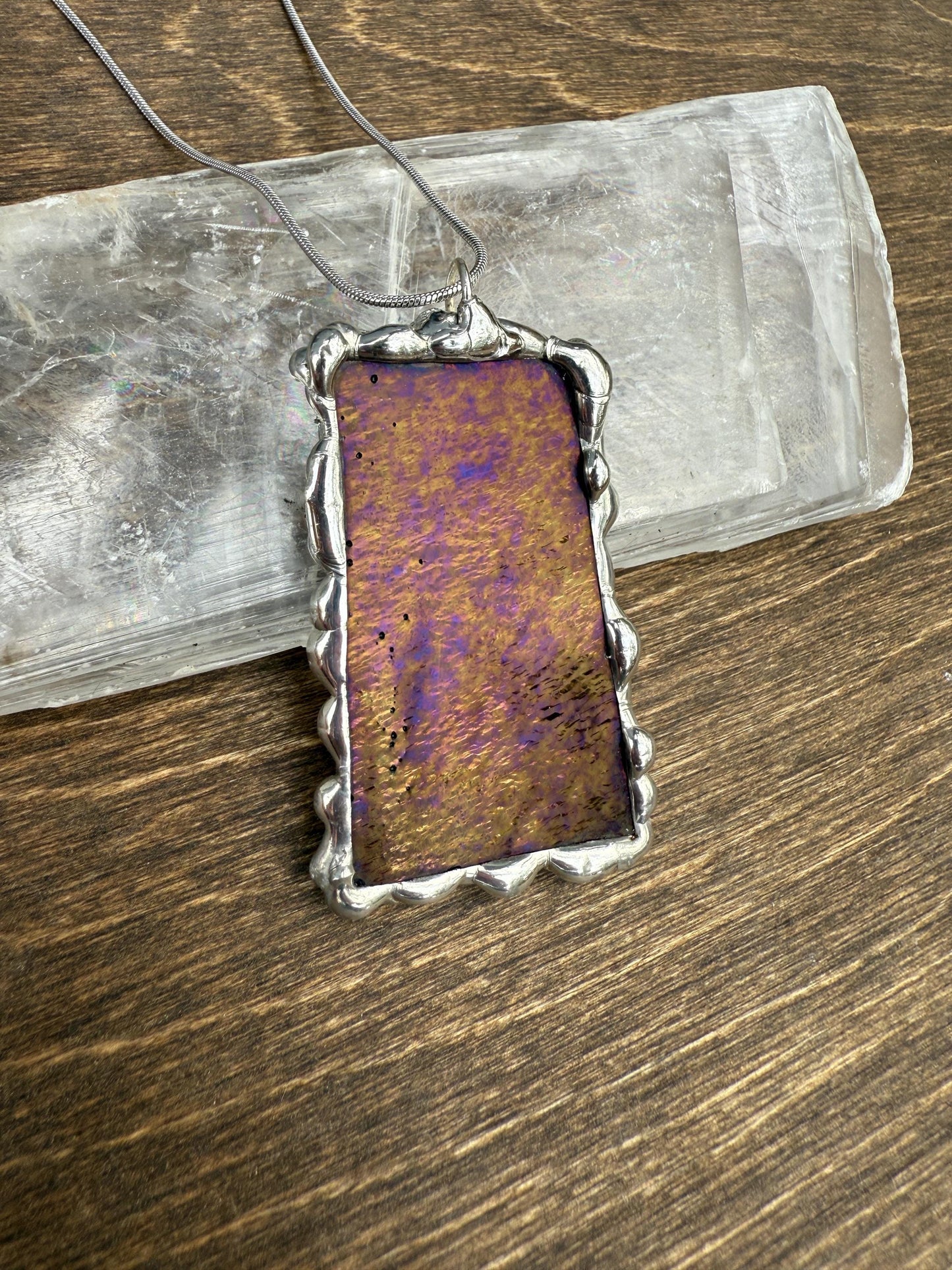 Gold + Purple Iridescent Stained Glass Pendant | Brutalist Handmade Wearable Art + Whimsigoth Fashion