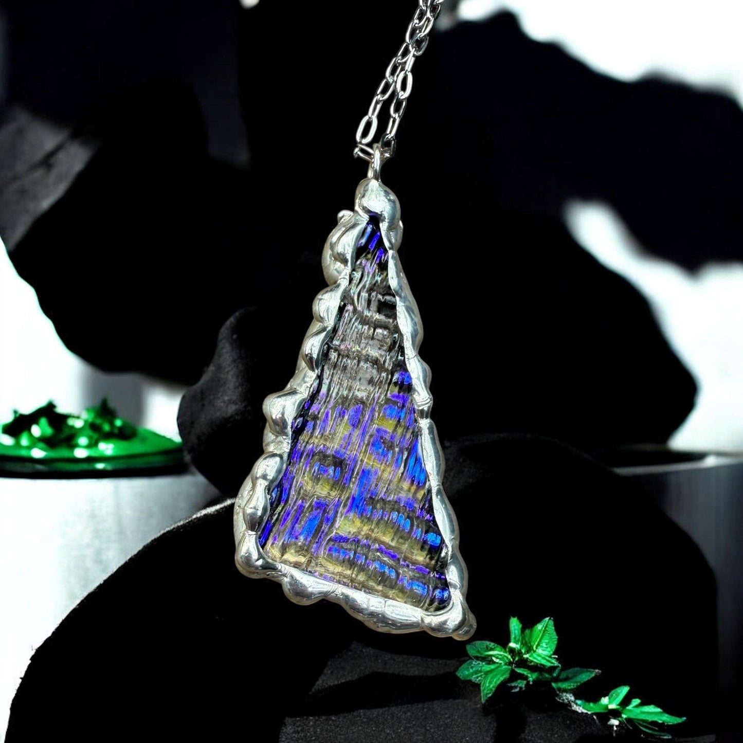 Purple + Blue Iridescent Triangle Stained Glass Pendant | Brutalist Geometric Handmade Wearable Art + Vaporwave Fashion
