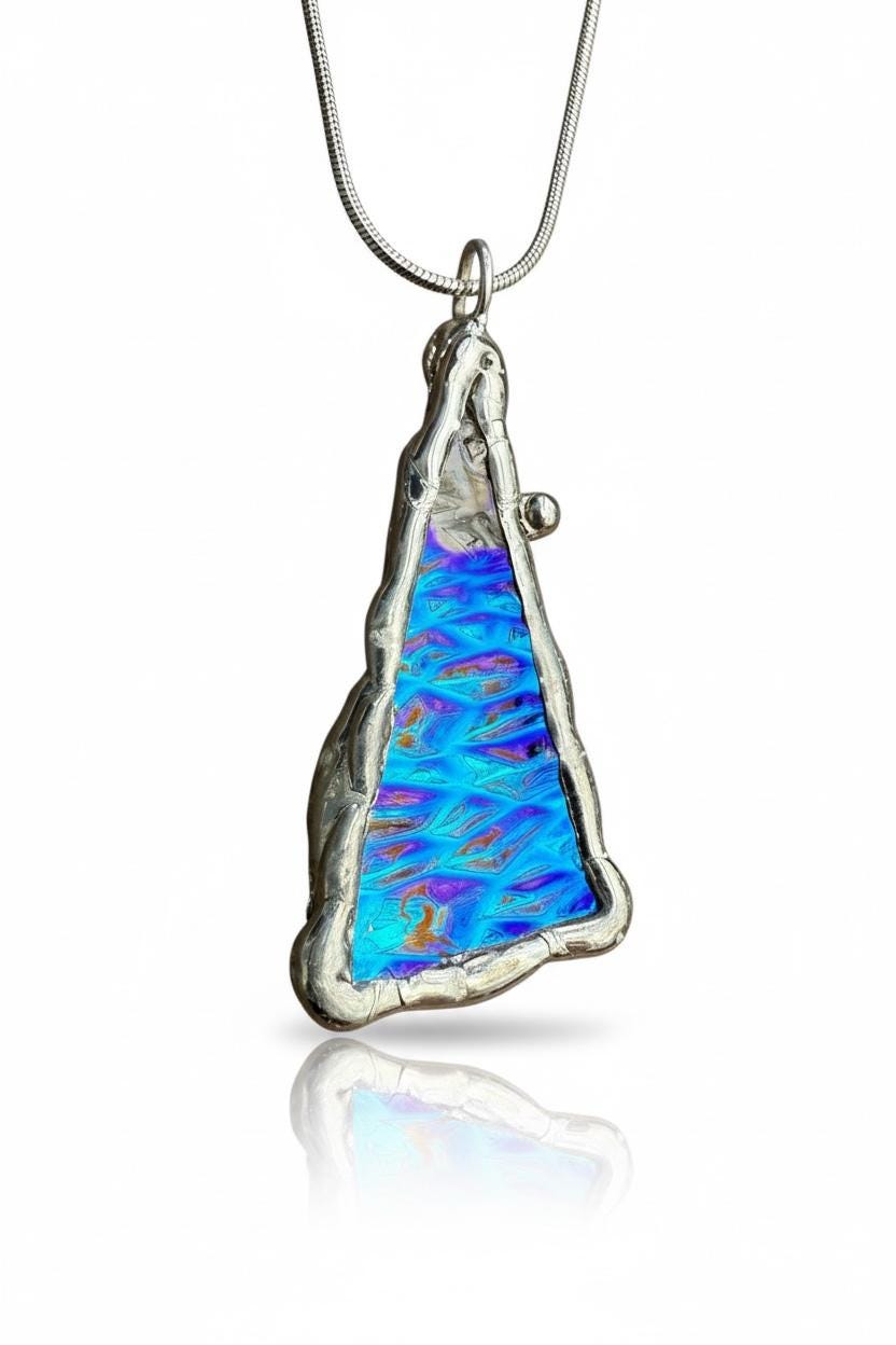 Purple + Blue Iridescent Triangle Stained Glass Pendant | Brutalist Geometric Handmade Wearable Art + Vaporwave Fashion