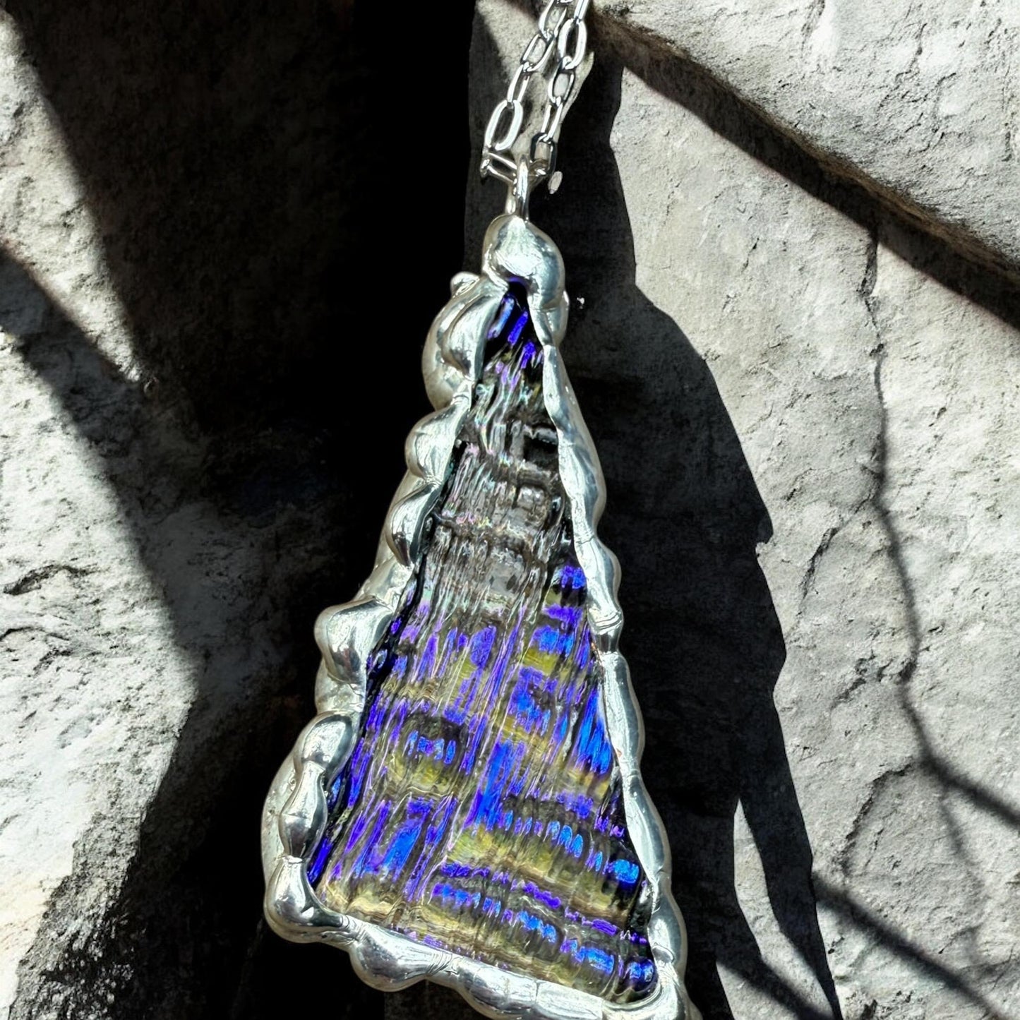 Purple + Blue Iridescent Triangle Stained Glass Pendant | Brutalist Geometric Handmade Wearable Art + Vaporwave Fashion
