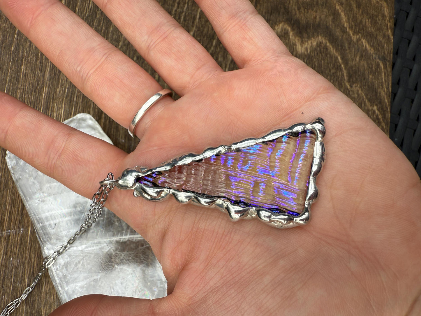 Purple + Blue Iridescent Triangle Stained Glass Pendant | Brutalist Geometric Handmade Wearable Art + Vaporwave Fashion