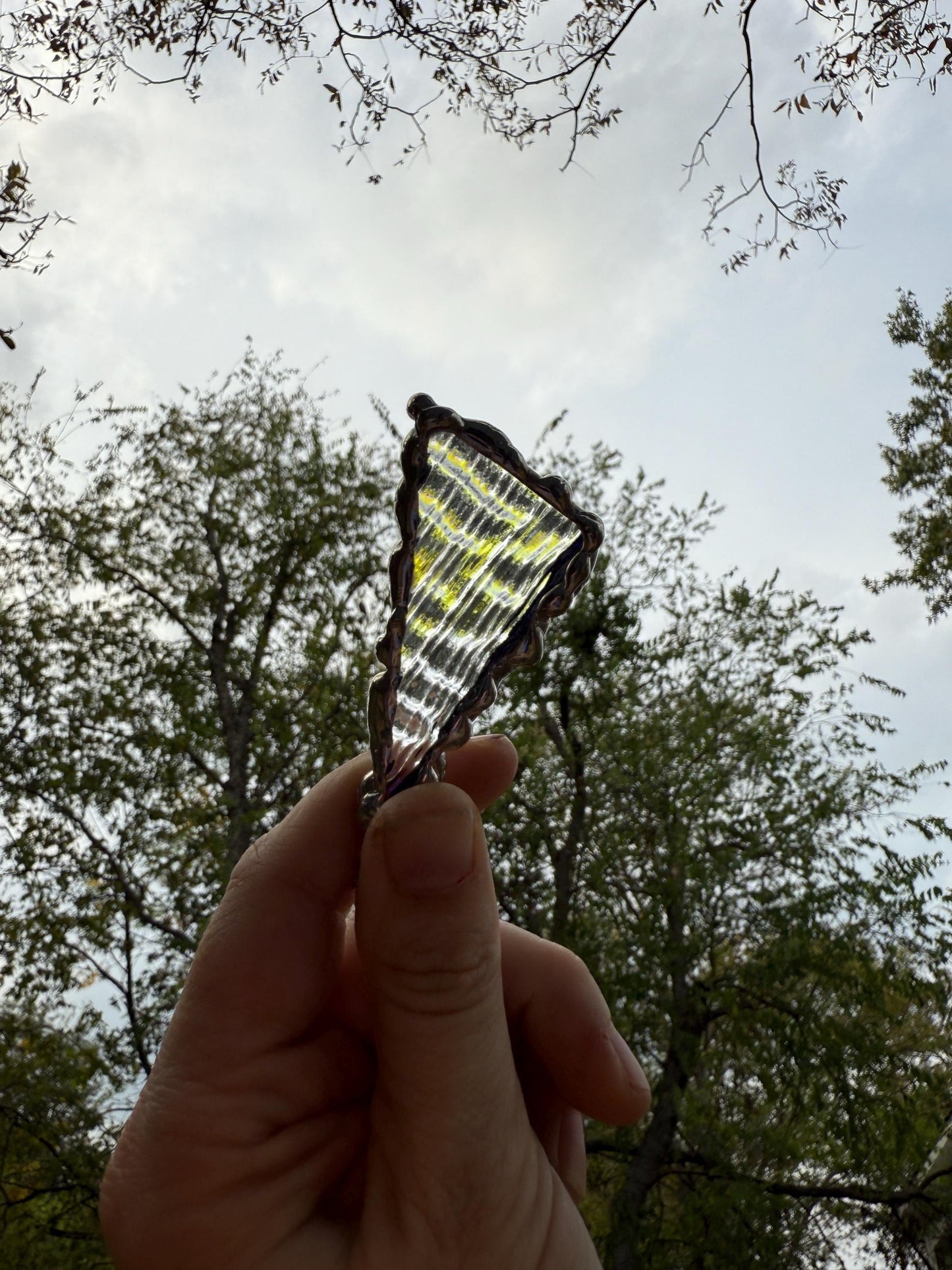 Purple + Blue Iridescent Triangle Stained Glass Pendant | Brutalist Geometric Handmade Wearable Art + Vaporwave Fashion