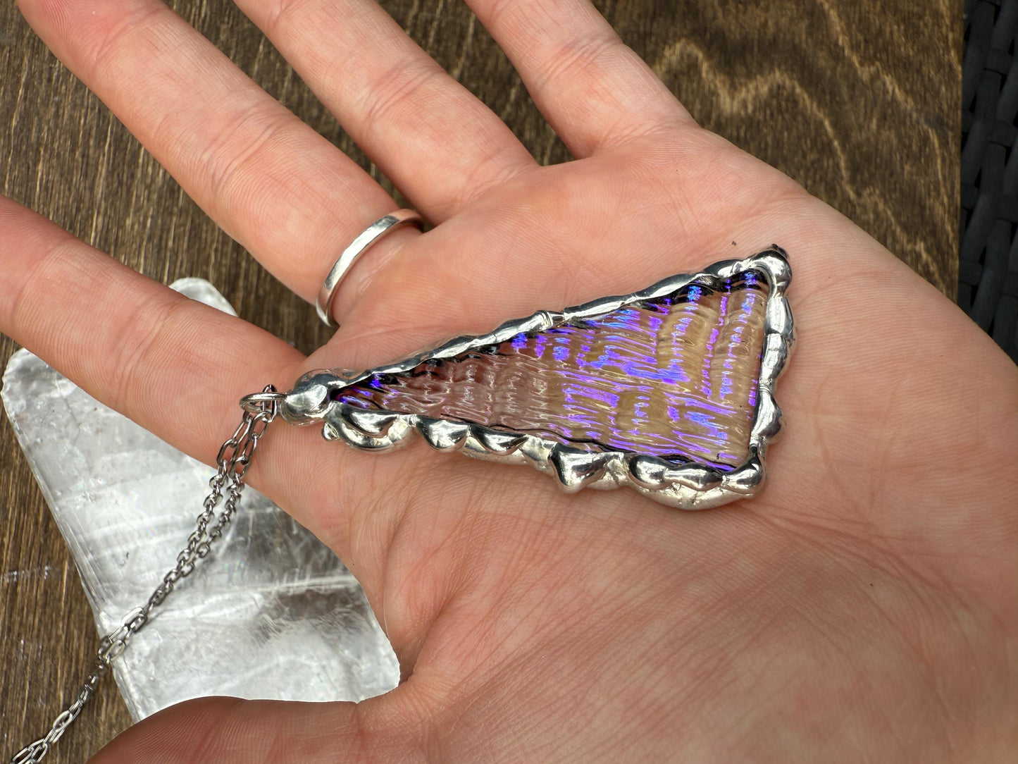 Purple + Blue Iridescent Triangle Stained Glass Pendant | Brutalist Geometric Handmade Wearable Art + Vaporwave Fashion