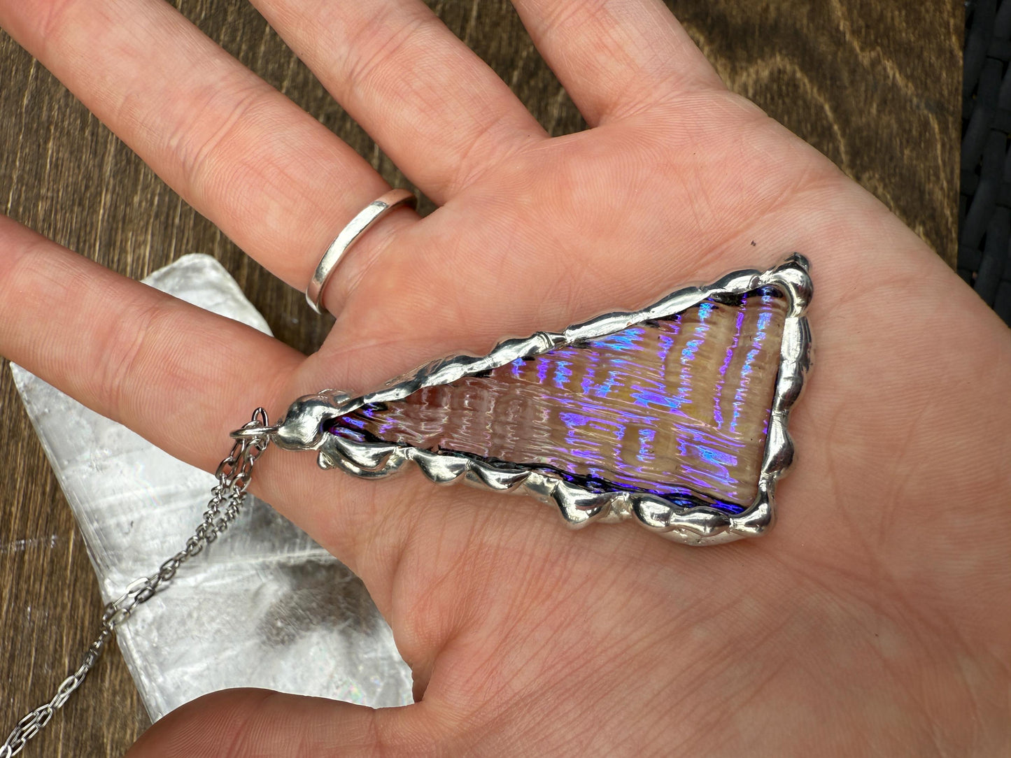 Purple + Blue Iridescent Triangle Stained Glass Pendant | Brutalist Geometric Handmade Wearable Art + Vaporwave Fashion