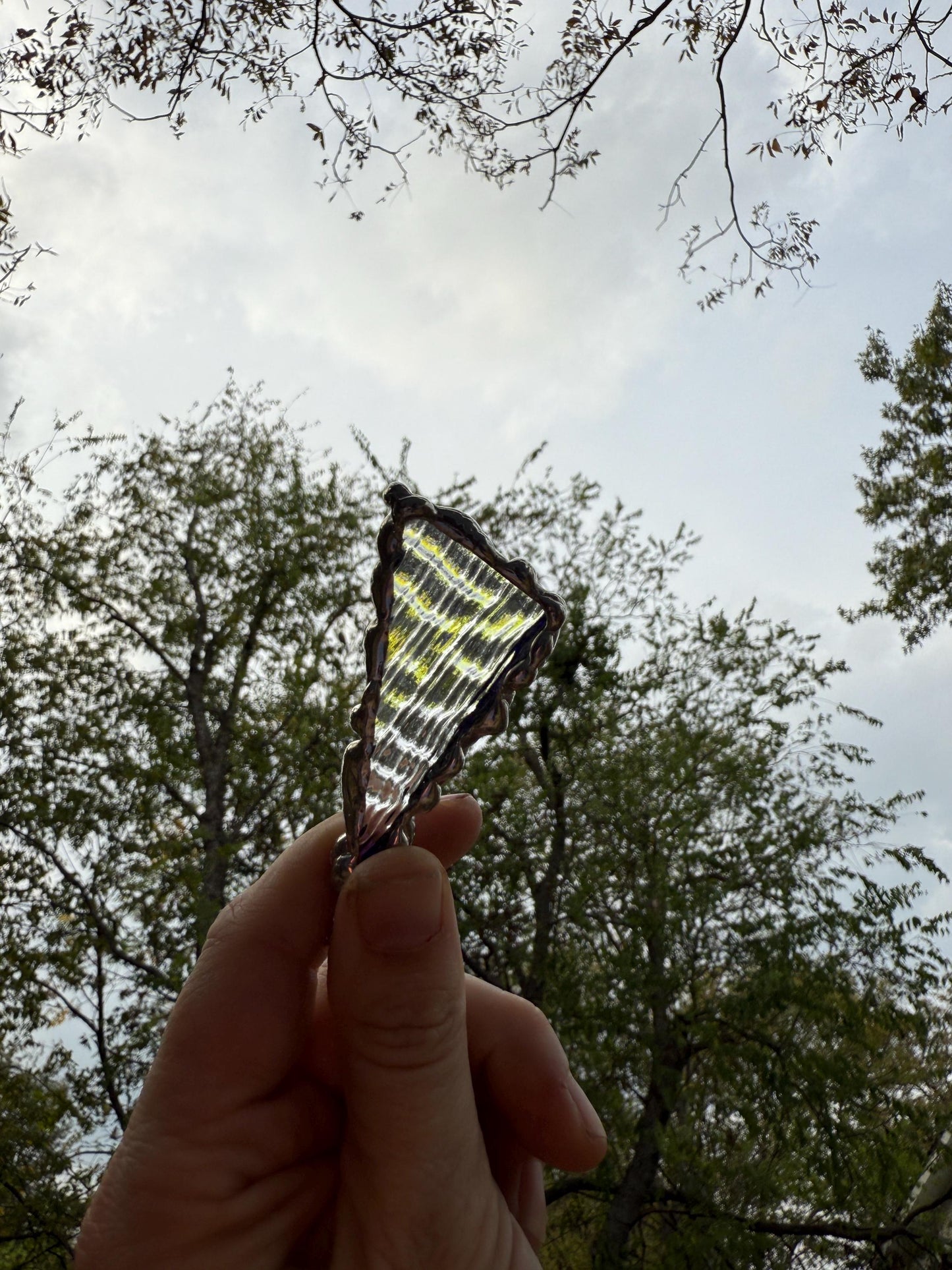 Purple + Blue Iridescent Triangle Stained Glass Pendant | Brutalist Geometric Handmade Wearable Art + Vaporwave Fashion