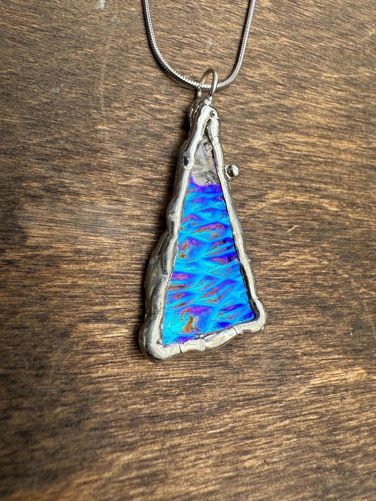 Purple + Blue Iridescent Triangle Stained Glass Pendant | Brutalist Geometric Handmade Wearable Art + Vaporwave Fashion