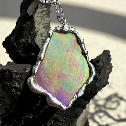 Iridescent Stained Glass Pendant | Sunset Celestial Handmade Wearable Art + Pastel Goth Fashion