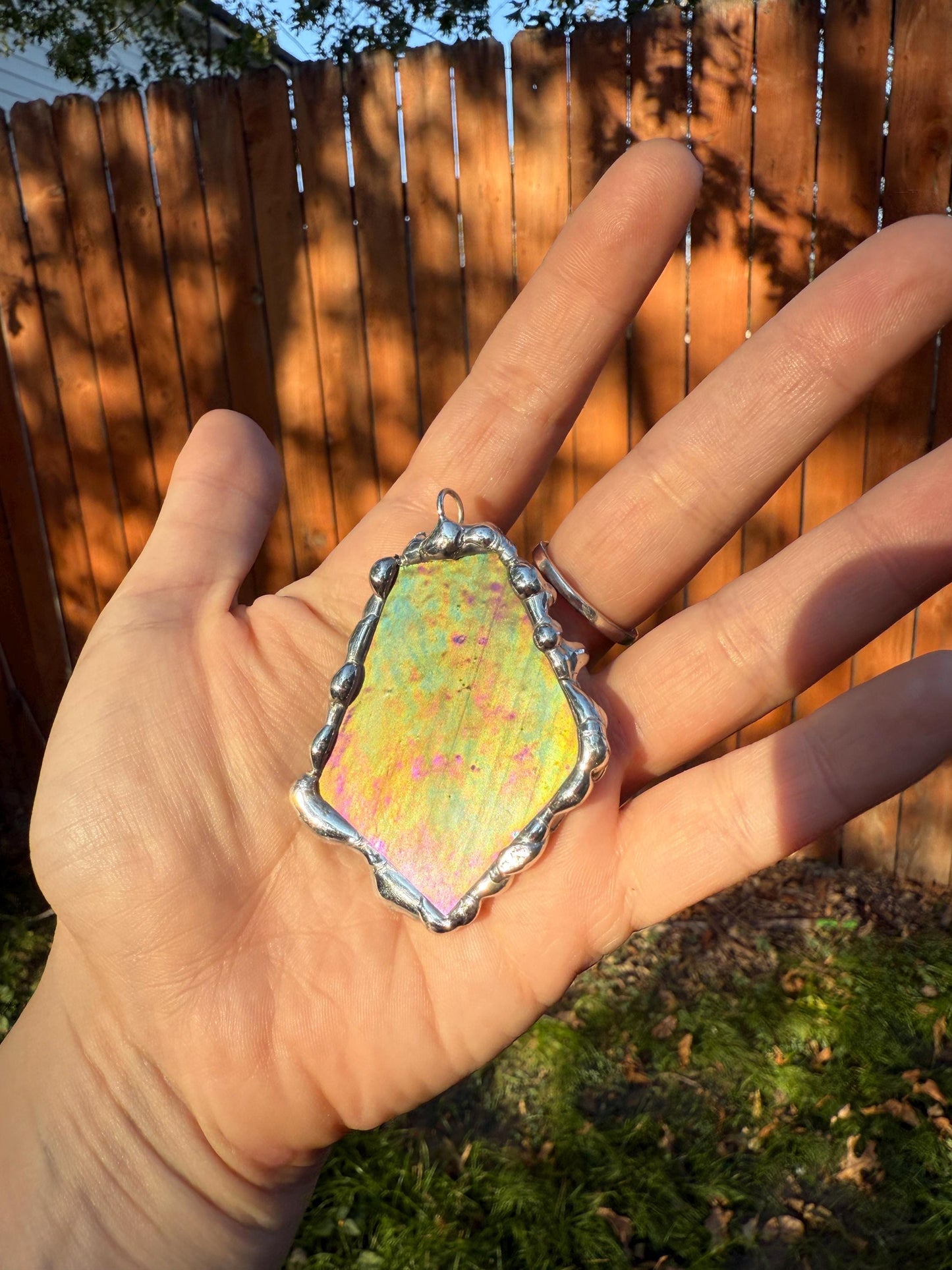 Iridescent Stained Glass Pendant | Sunset Celestial Handmade Wearable Art + Pastel Goth Fashion