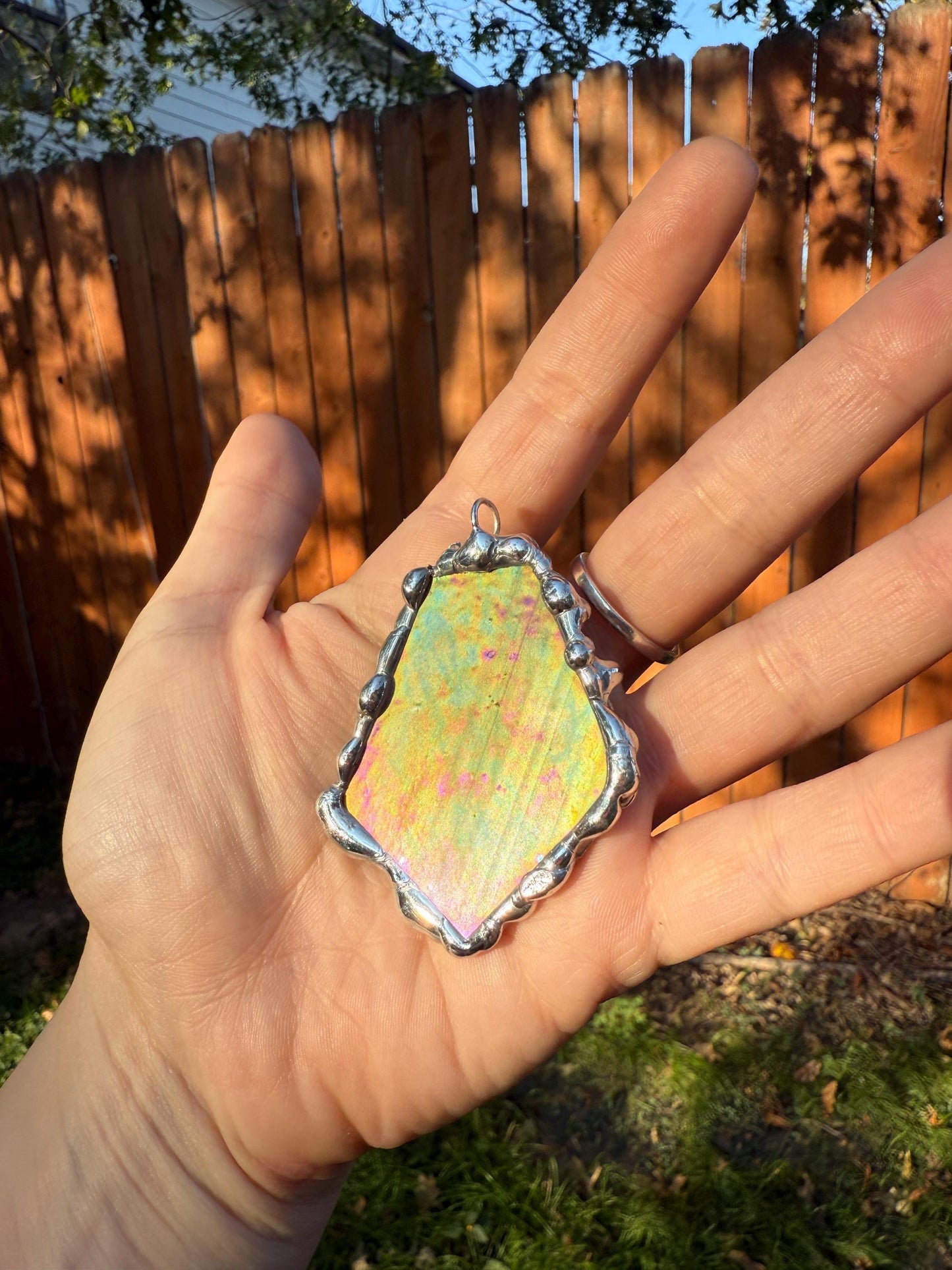Iridescent Stained Glass Pendant | Sunset Celestial Handmade Wearable Art + Pastel Goth Fashion