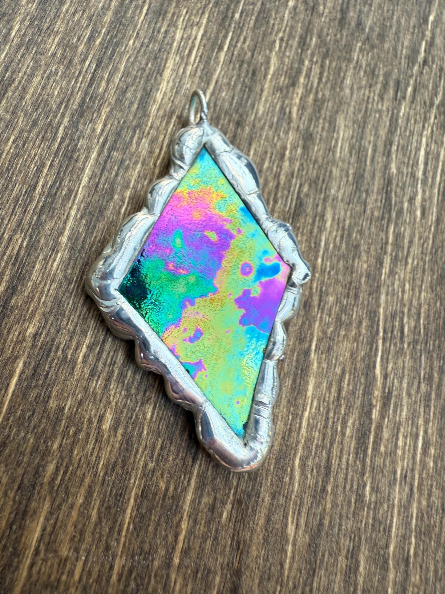 Iridescent Stained Glass Pendant | Diamond Shaped Handmade Wearable Art + Rave Fashion for Fantasy Lovers