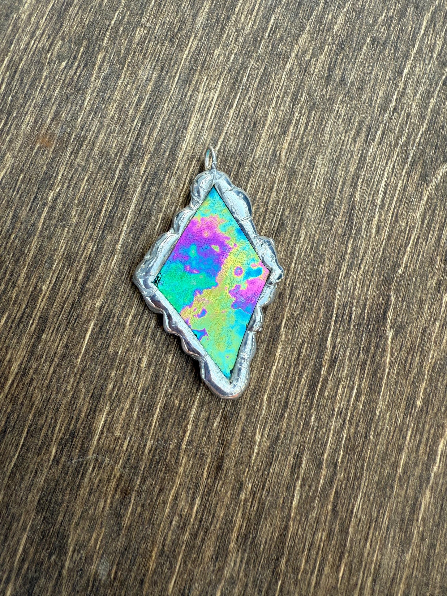 Iridescent Stained Glass Pendant | Diamond Shaped Handmade Wearable Art + Rave Fashion for Fantasy Lovers