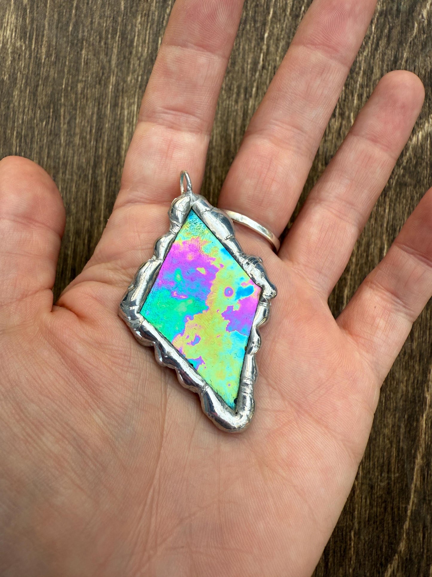 Iridescent Stained Glass Pendant | Diamond Shaped Handmade Wearable Art + Rave Fashion for Fantasy Lovers