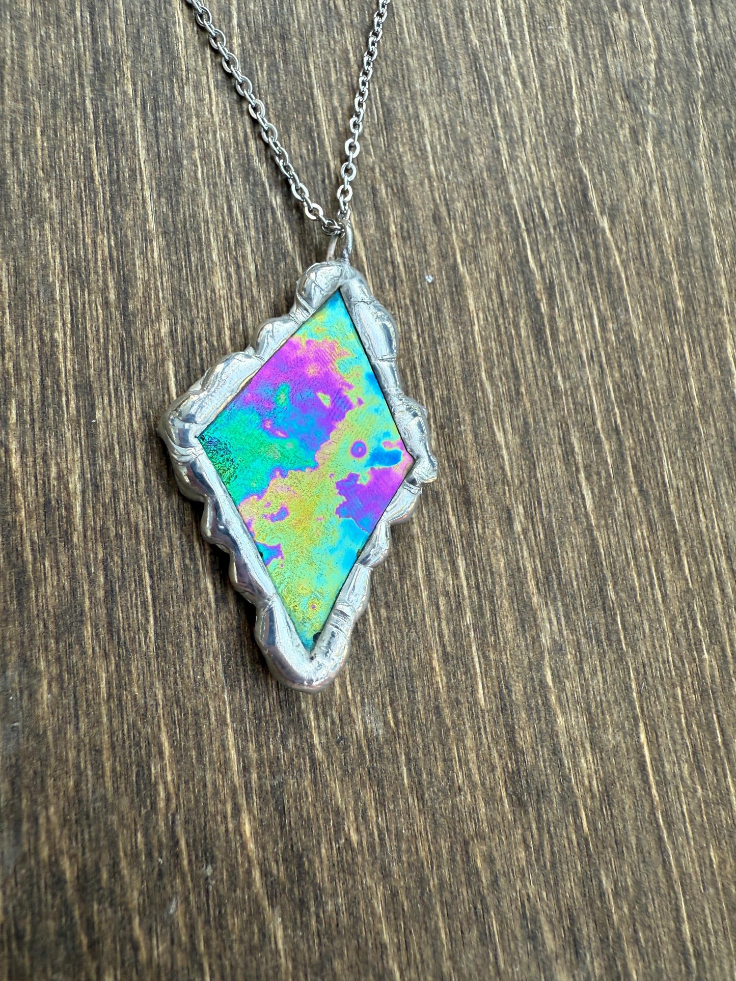 Iridescent Stained Glass Pendant | Diamond Shaped Handmade Wearable Art + Rave Fashion for Fantasy Lovers