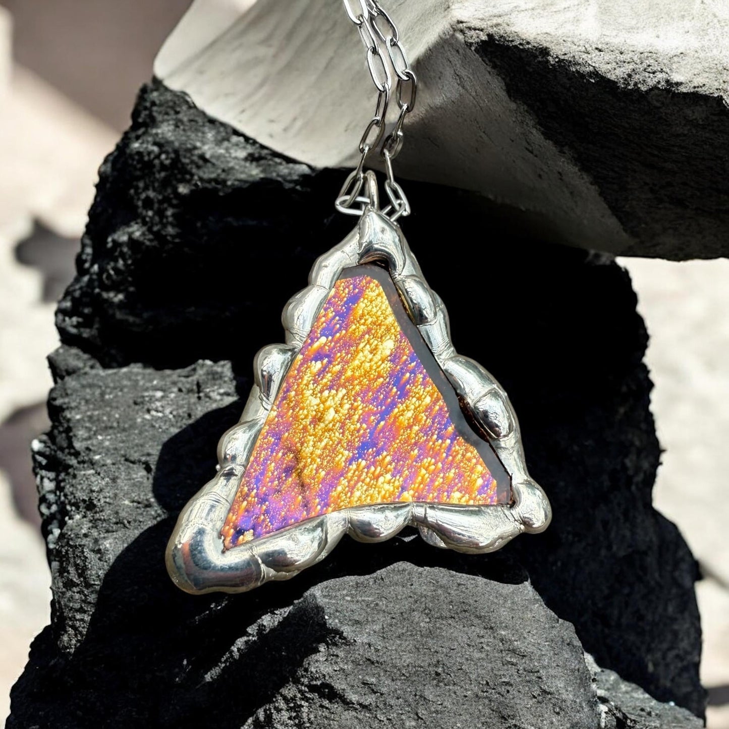 Shooting Star Stained Glass Triangle Pendant | Celestial Handmade Wearable Art + Rave Fashion for Fantasy Lovers