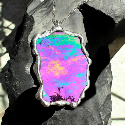 Iridescent Stained Glass Pendant | Diamond Shaped Handmade Wearable Art + Rave Fashion for Fantasy Lovers