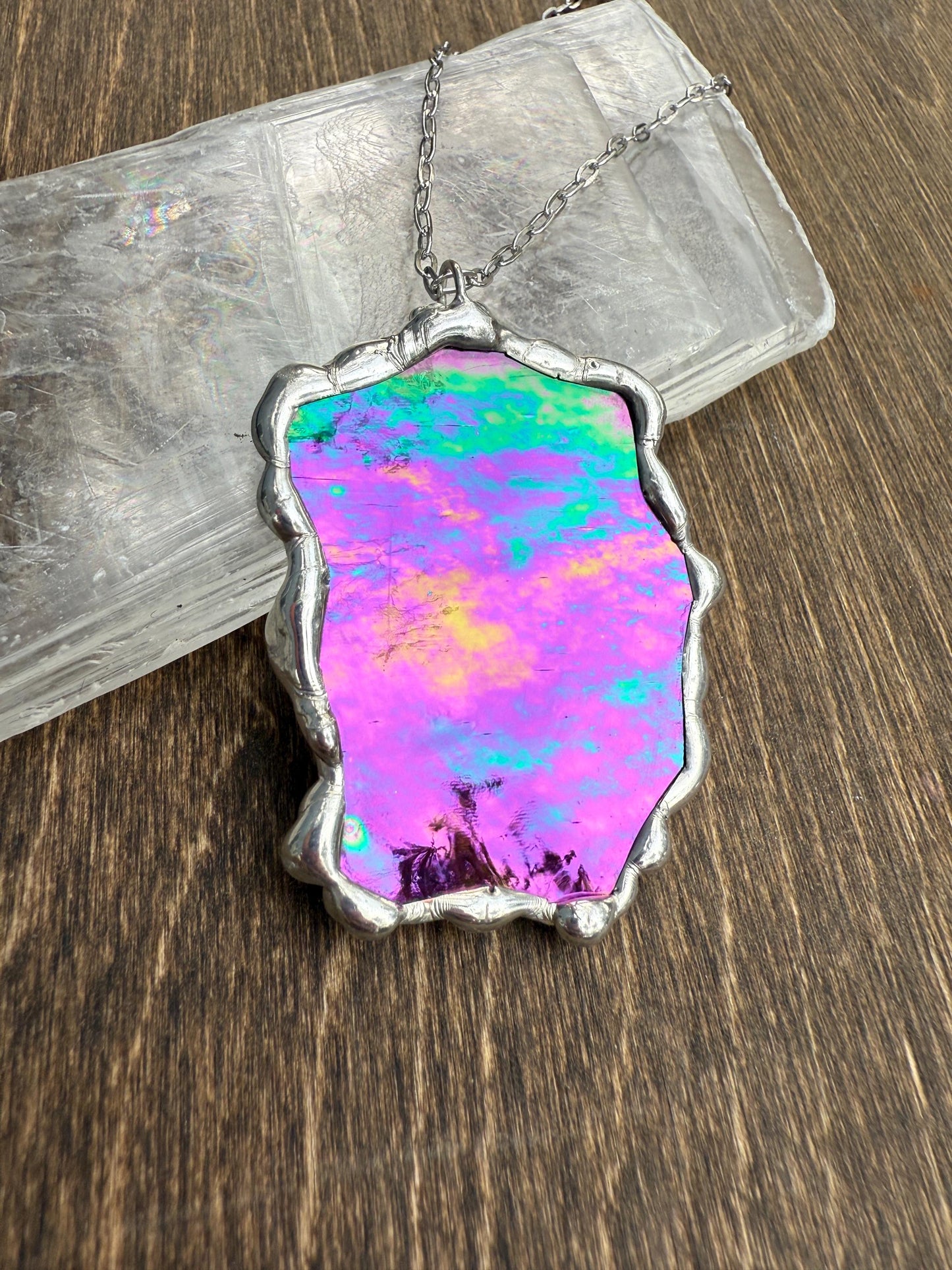 Iridescent Stained Glass Pendant | Diamond Shaped Handmade Wearable Art + Rave Fashion for Fantasy Lovers