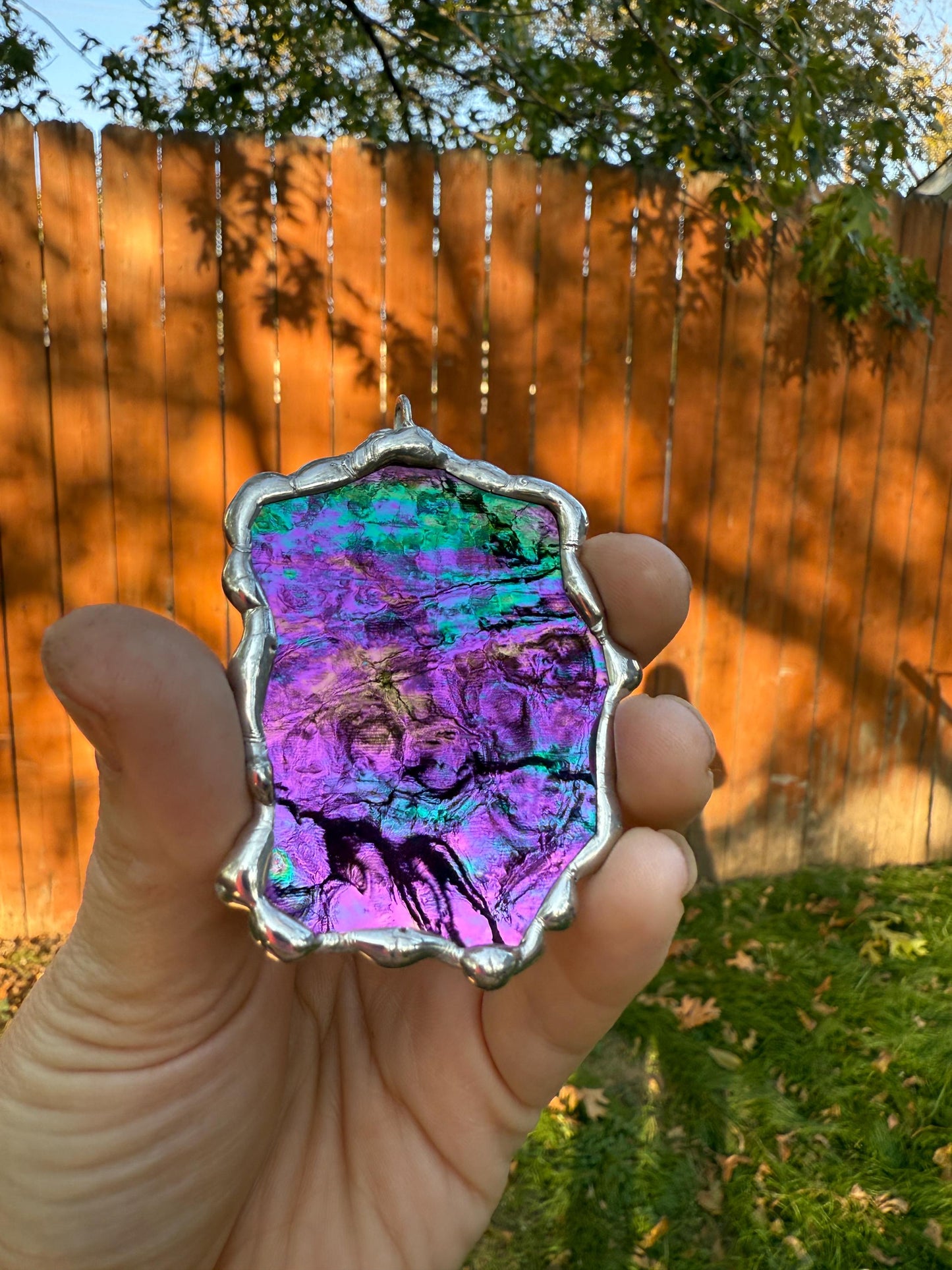 Iridescent Stained Glass Pendant | Diamond Shaped Handmade Wearable Art + Rave Fashion for Fantasy Lovers