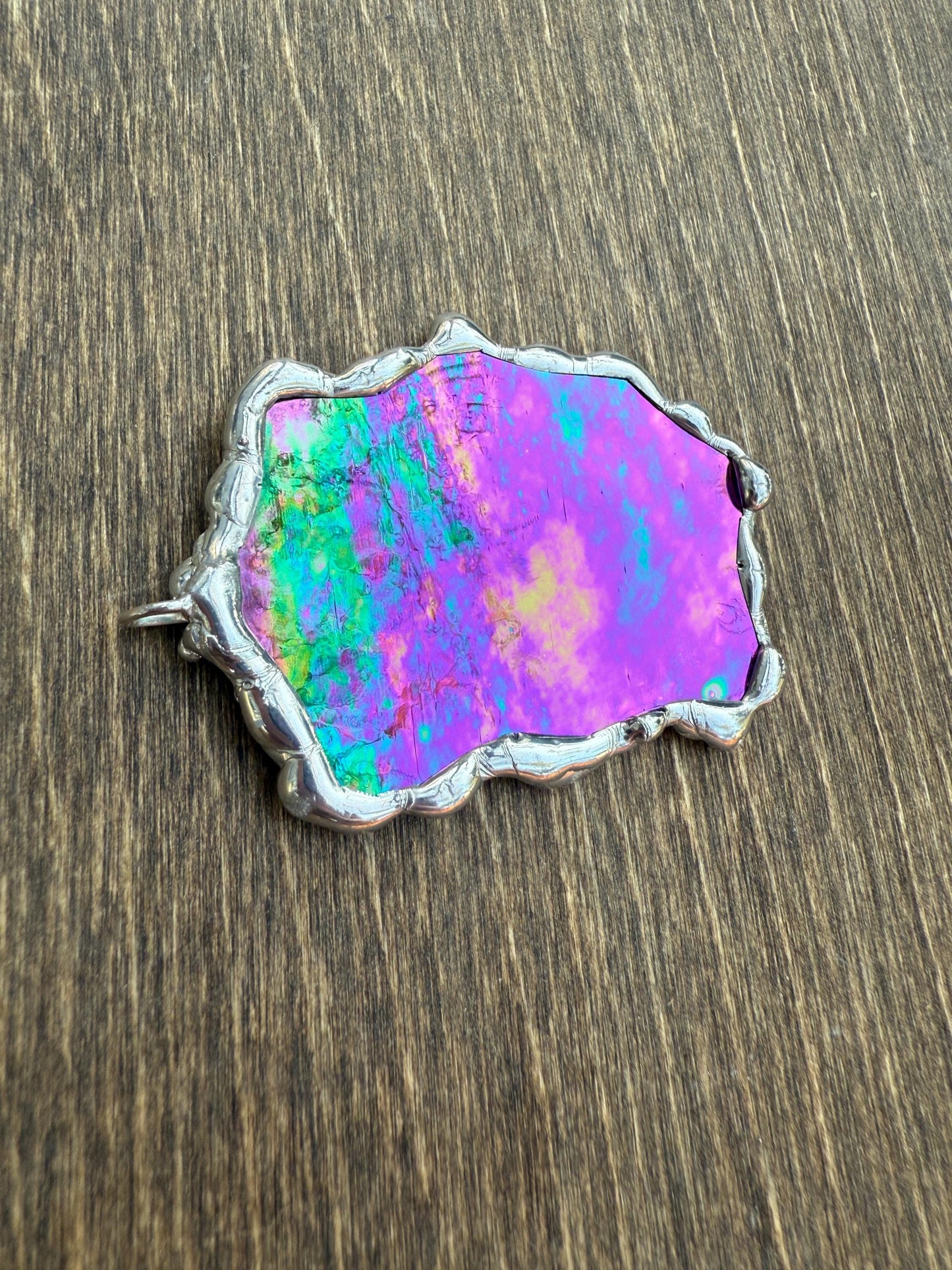 Iridescent Stained Glass Pendant | Diamond Shaped Handmade Wearable Art + Rave Fashion for Fantasy Lovers