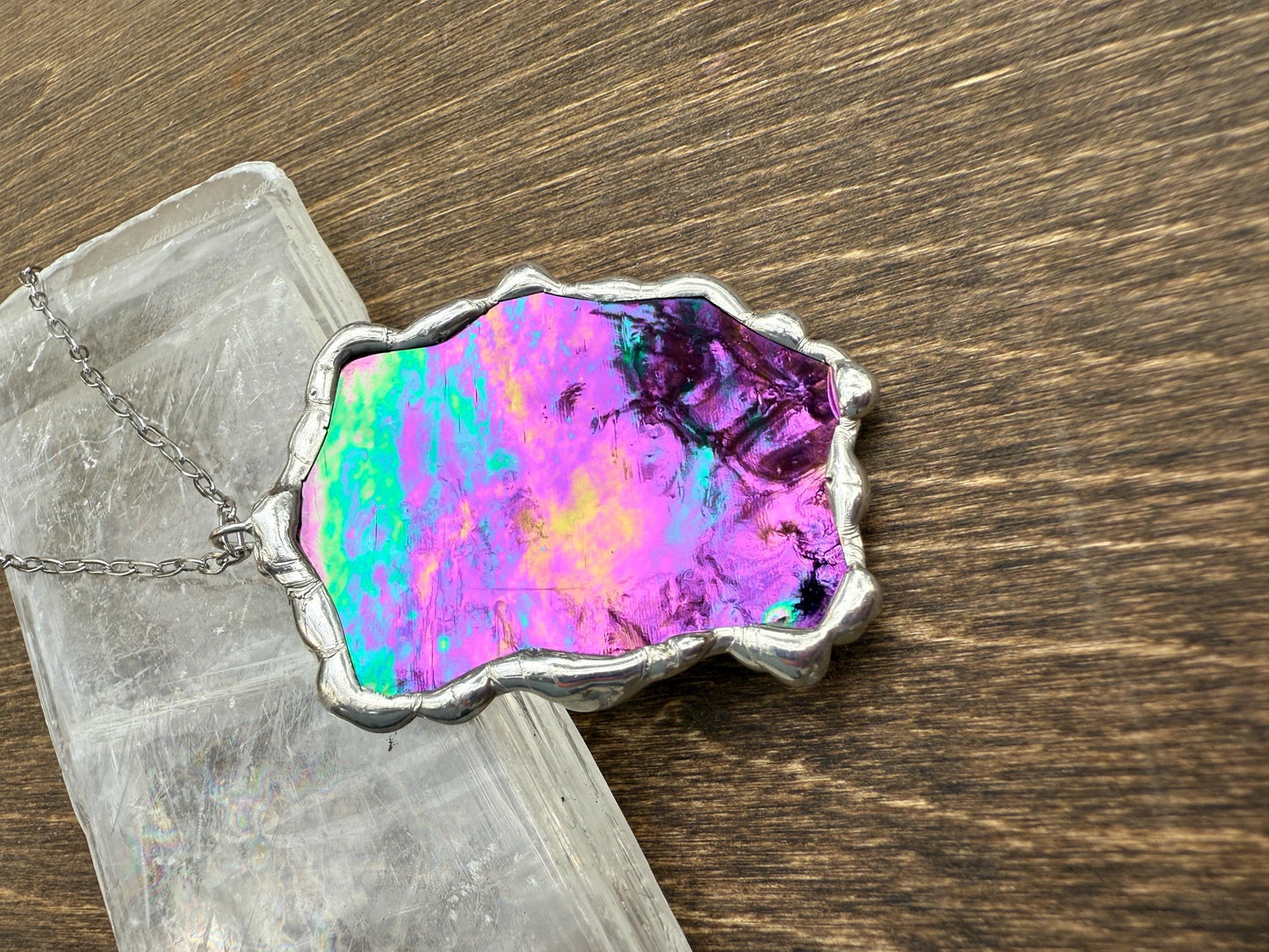 Iridescent Stained Glass Pendant | Diamond Shaped Handmade Wearable Art + Rave Fashion for Fantasy Lovers