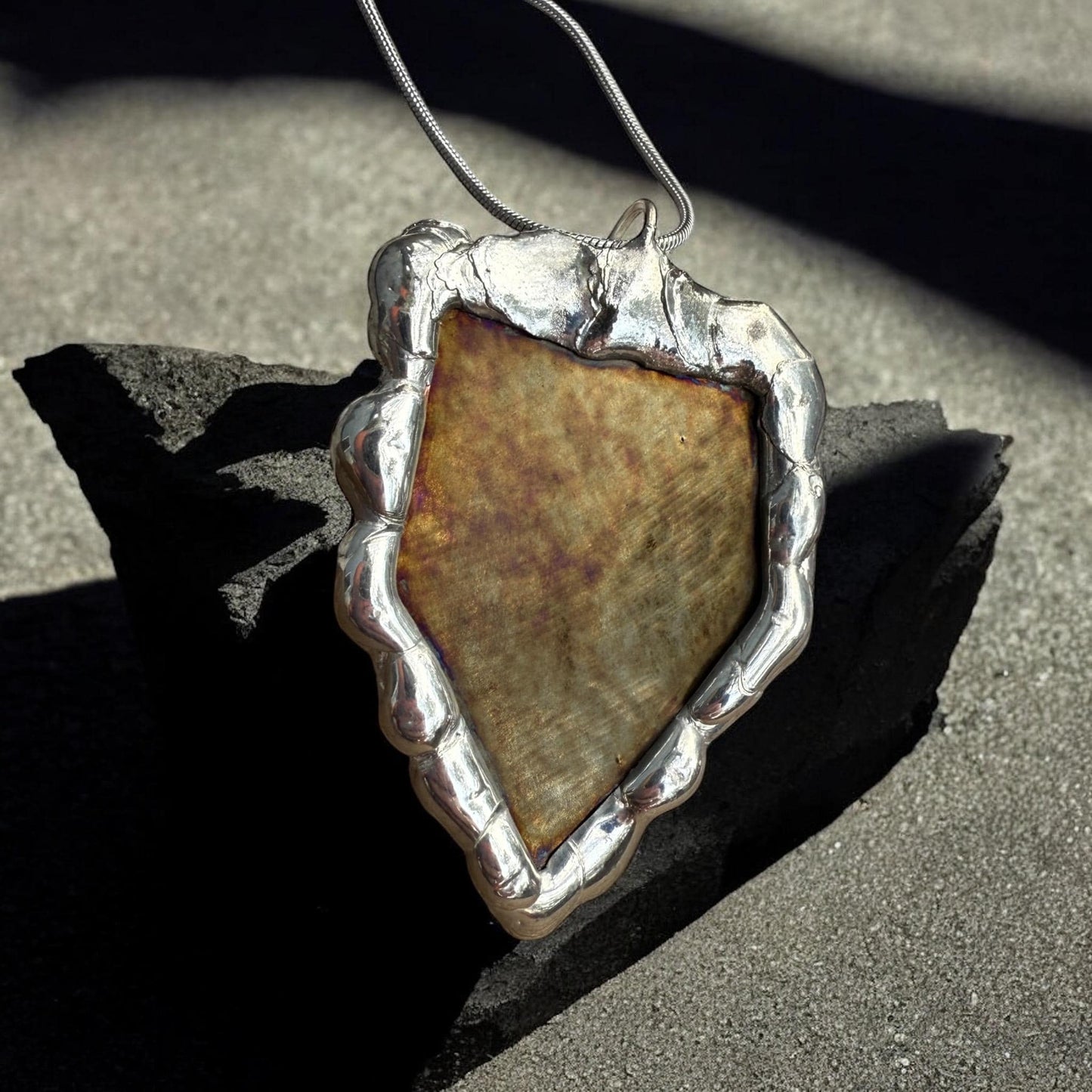 Gold Stained Glass Pendant | Diamond Shaped Handmade Wearable Art + Rave Fashion for Fantasy Lovers