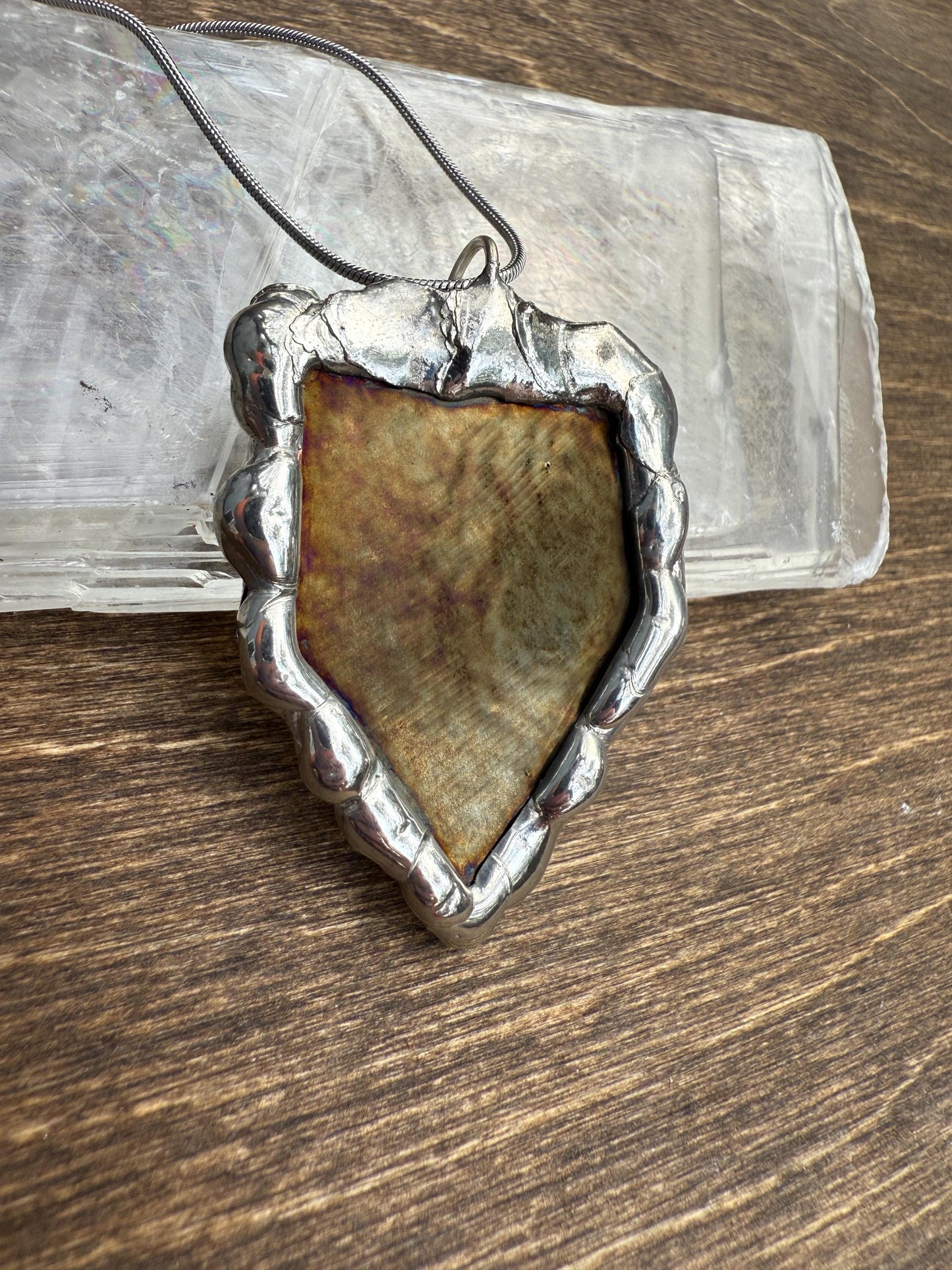 Gold Stained Glass Pendant | Diamond Shaped Handmade Wearable Art + Rave Fashion for Fantasy Lovers