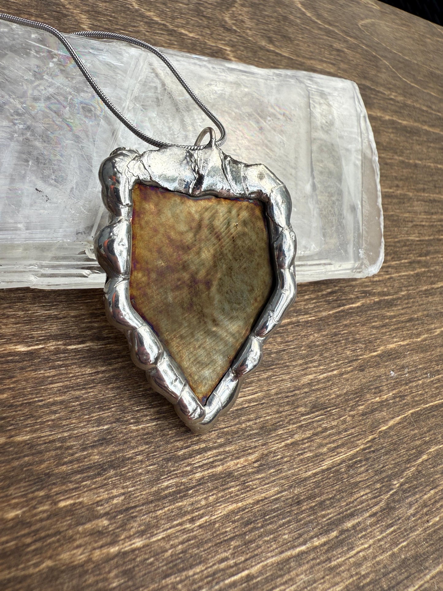 Gold Stained Glass Pendant | Diamond Shaped Handmade Wearable Art + Rave Fashion for Fantasy Lovers