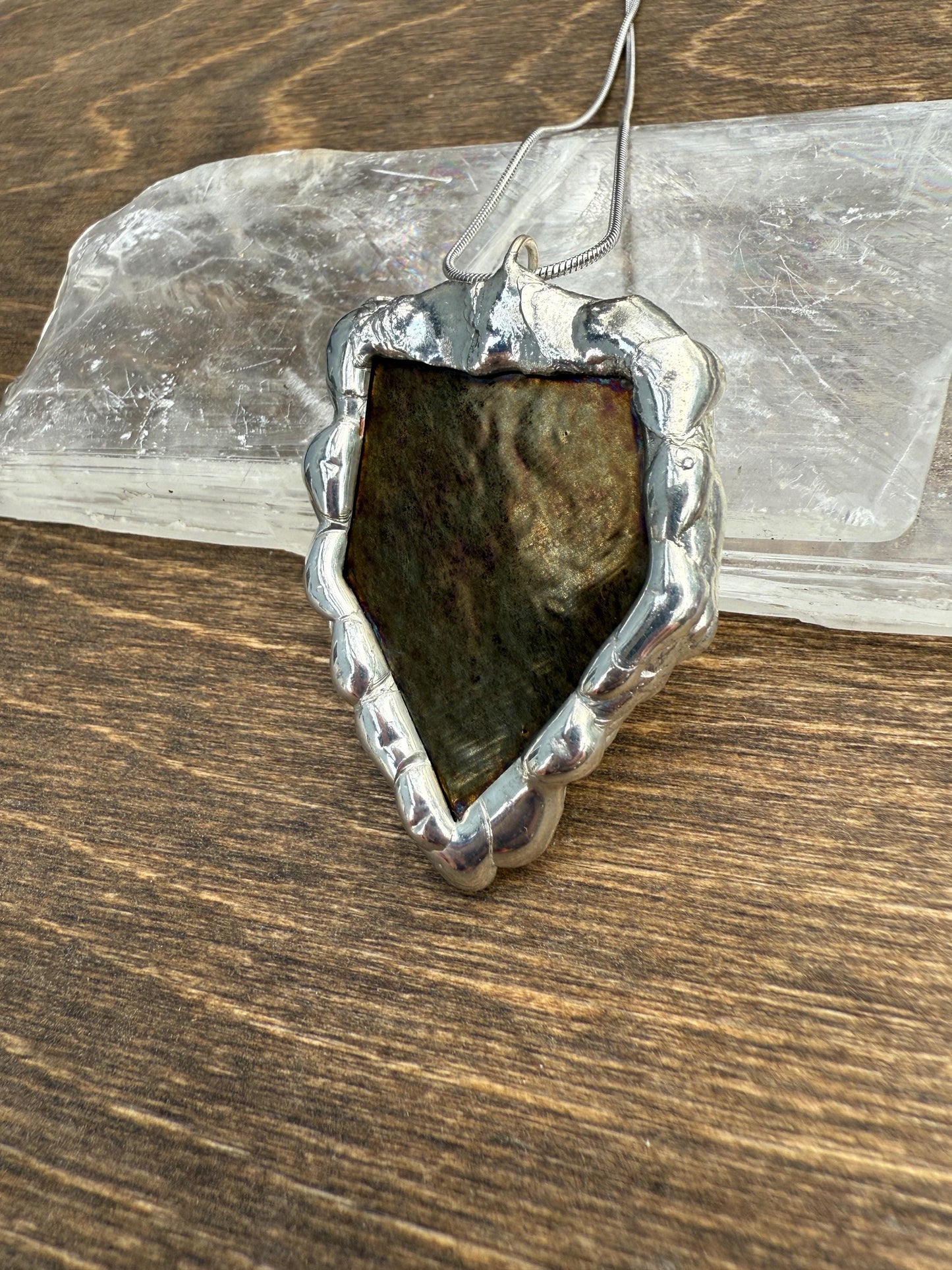 Gold Stained Glass Pendant | Diamond Shaped Handmade Wearable Art + Rave Fashion for Fantasy Lovers