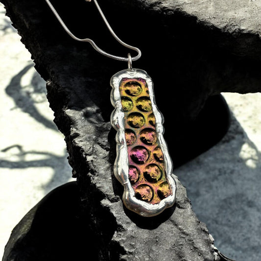 Cyber Bubble Iridescent Stained Glass Pendant | Vaporwave Brutalist Handmade Wearable Art + Whimsigoth Fashion