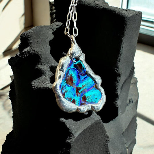 Blue Bubble Iridescent Stained Glass Pendant | Vaporwave Brutalist Handmade Wearable Art + Whimsigoth Fashion